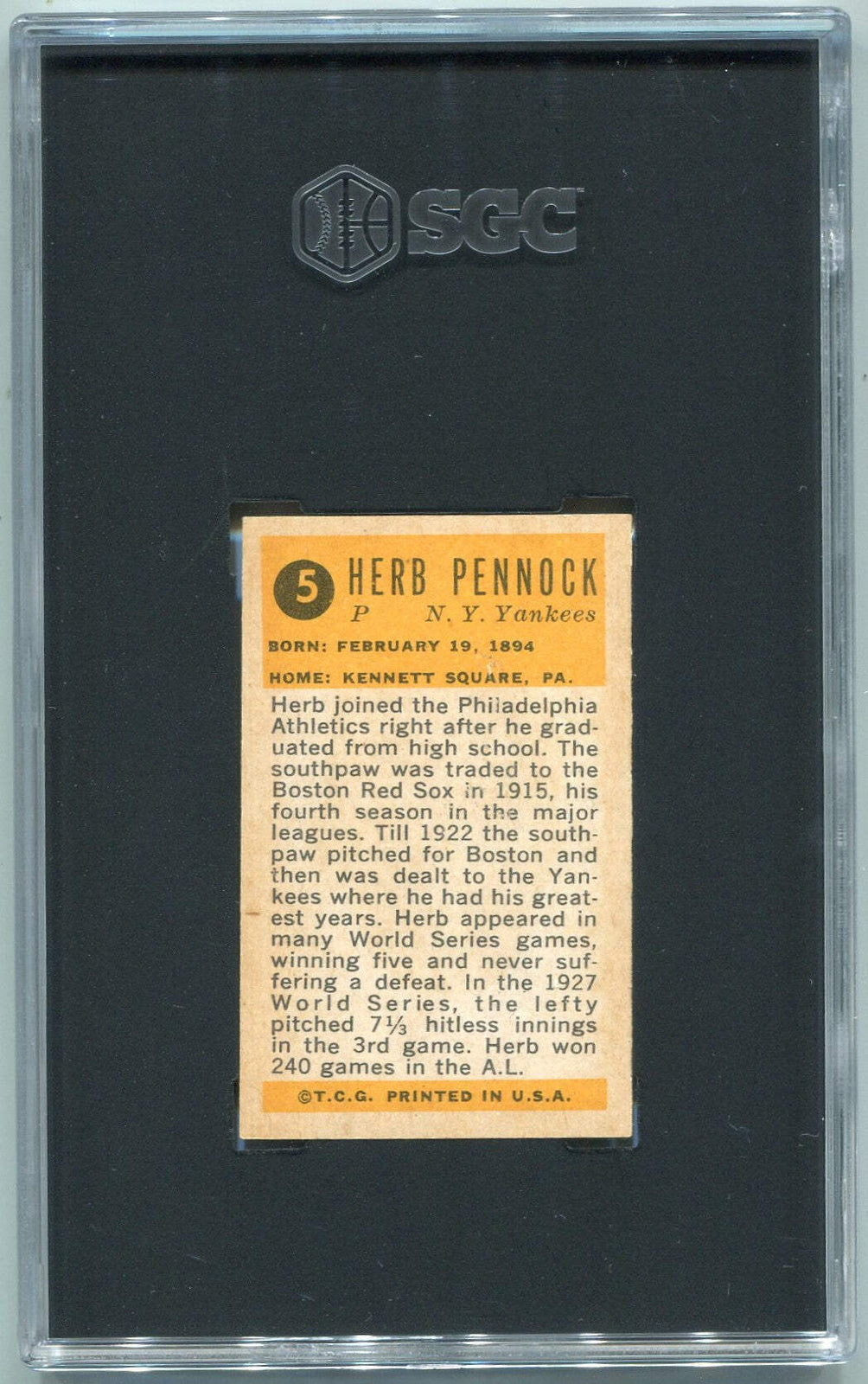Herb Pennock 1963 Bazooka Greats Card #5 Sgc