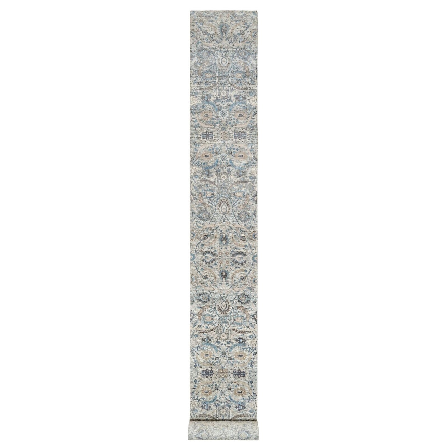 2'7"X25'9" White Hand Knotted Sickle Leaf Silk And Wool Xl Runner Rug
