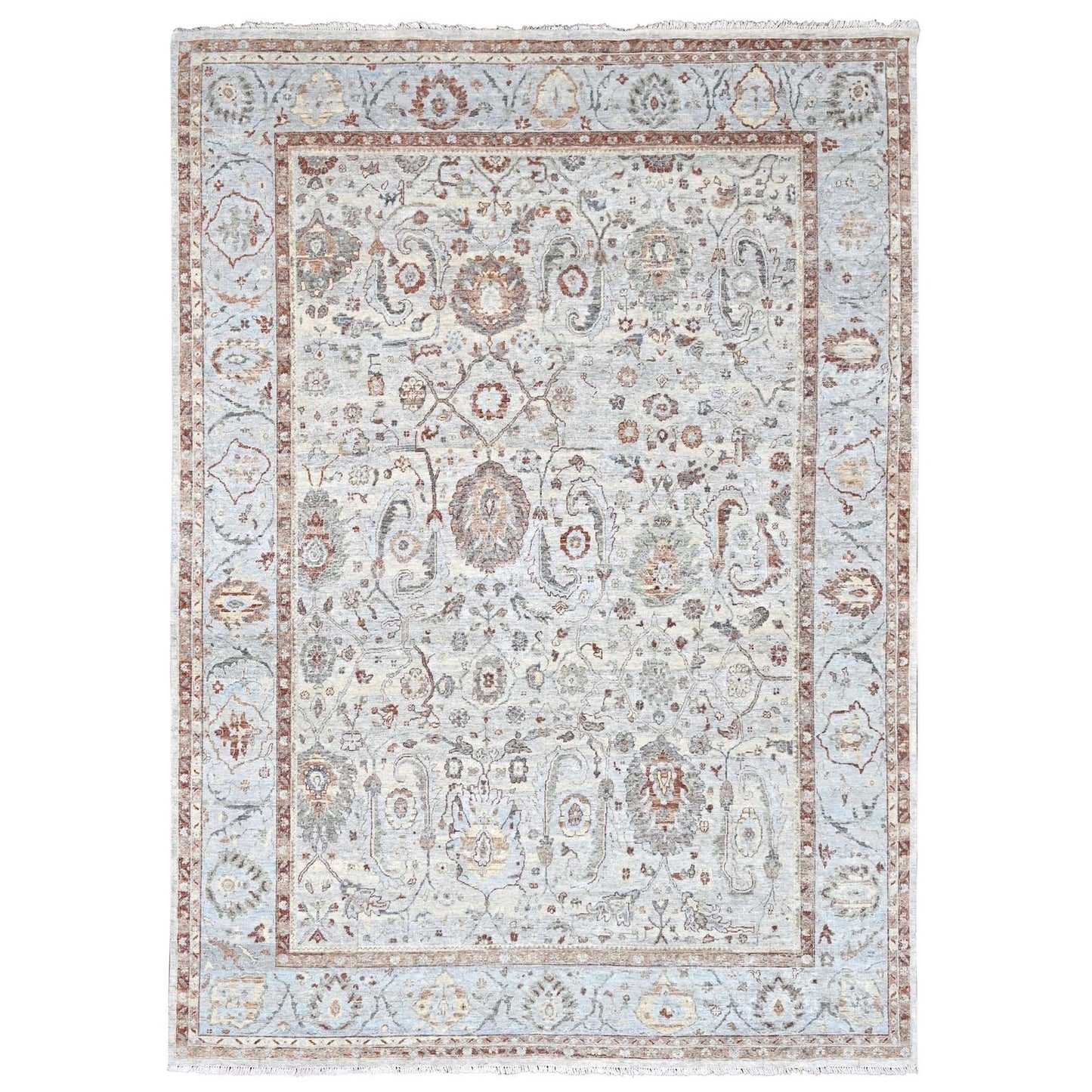 9'X11'9" Gray Pure Wool Antiqued Ziegler Mahal Design Hand Knotted Rug