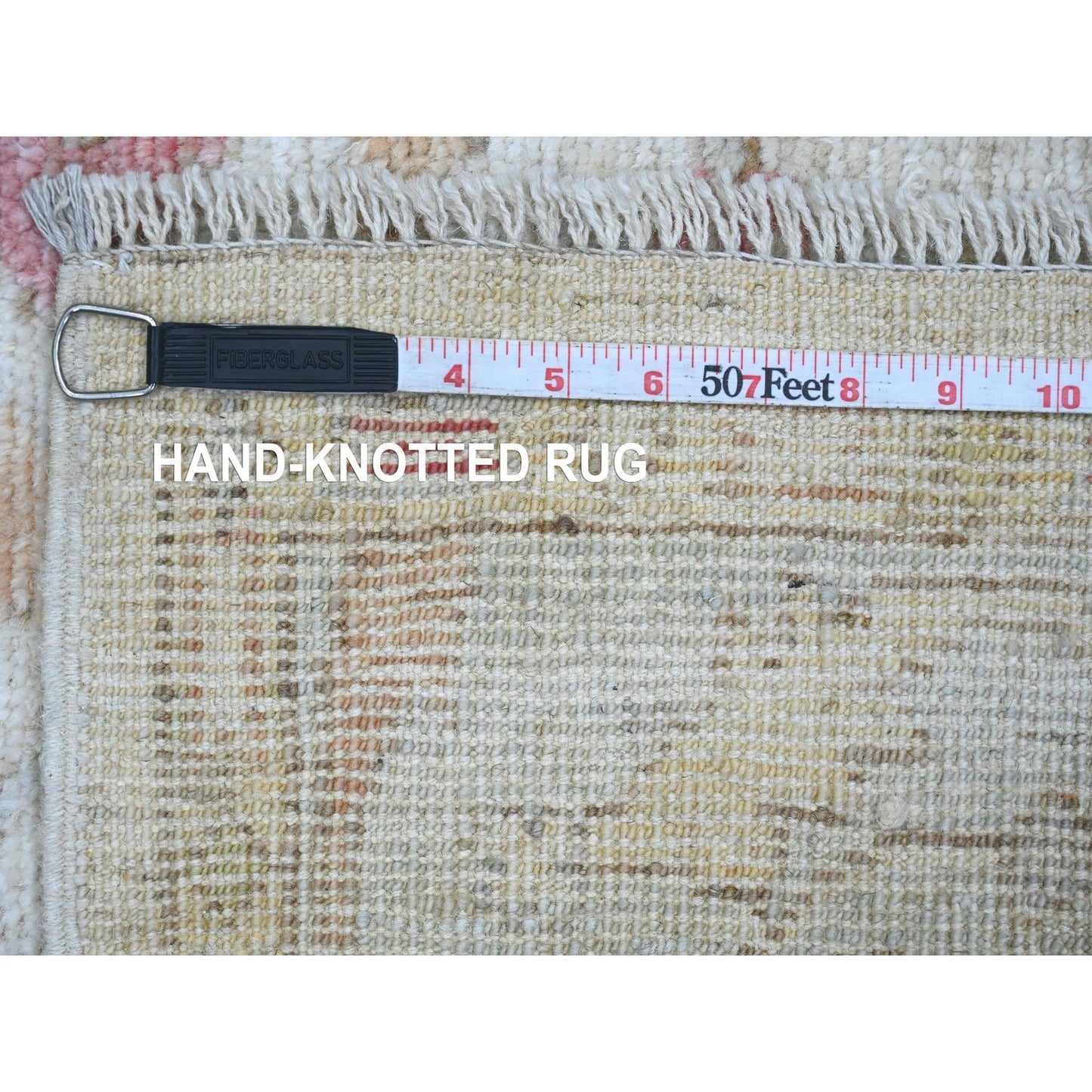 4'X19'2" White Hand Knotted Angora Oushak Leaf Design All Wool Runner Rug