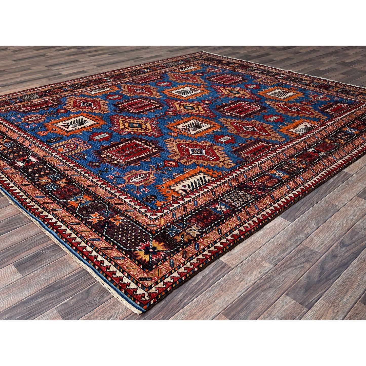 8'3"X9'6" Blue Afghan Ersari Caucasian Design Revival Hand Knotted Wool Rug