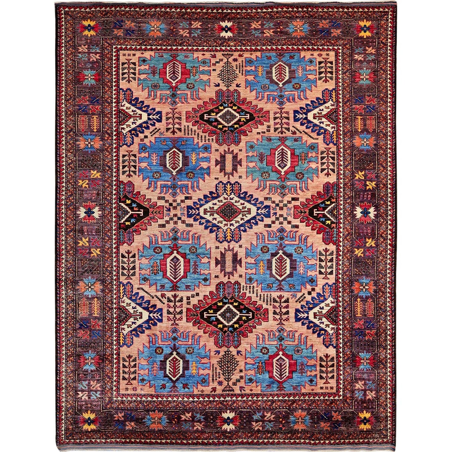 8'3"X10'6" Peach Afghan Caucasian Design Revival Hand Knotted Soft Wool Rug