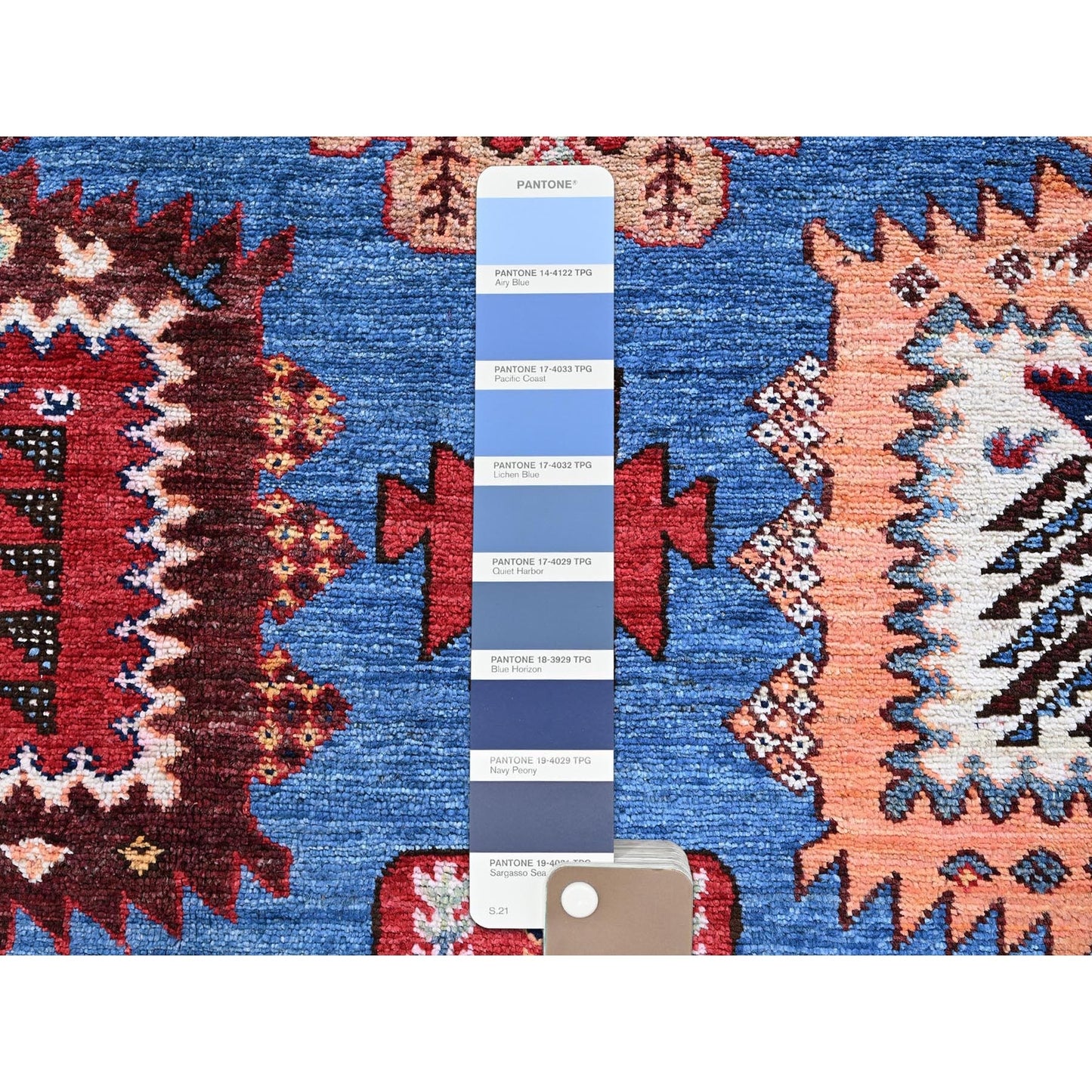 10'1"X13'4" Blue Afghan Caucasian Design Revival Hand Knotted Soft Wool Rug