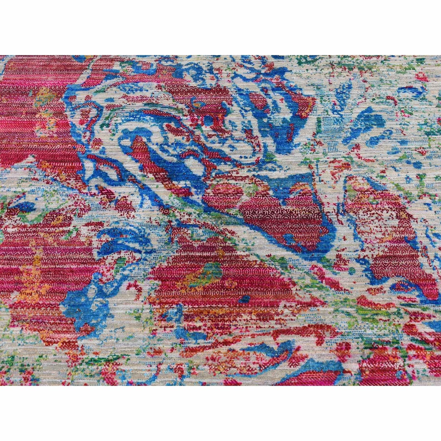 8'10"X12'2" Gray Abstract Design Sari Silk With Wool Hand Knotted Rug