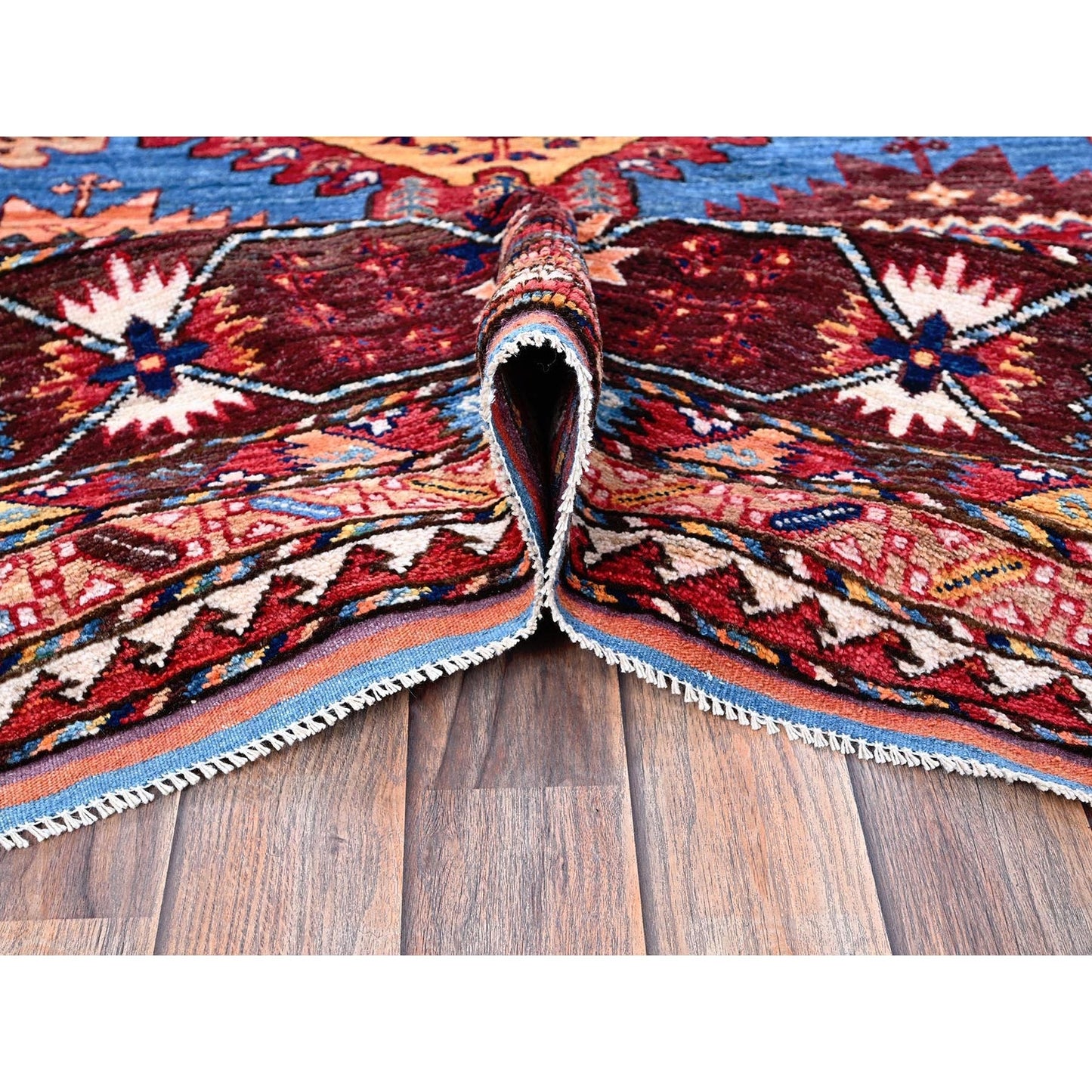 10'1"X13'4" Blue Afghan Caucasian Design Revival Hand Knotted Soft Wool Rug