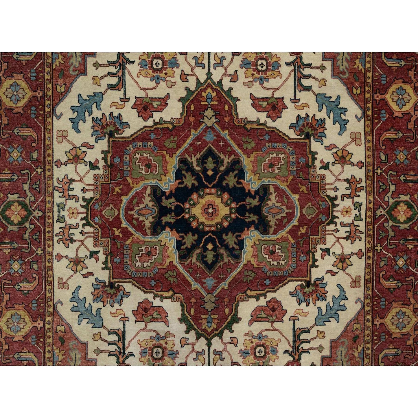 6'2"X9'1" Ivory Antiqued Heris Re-Creation Hand Knotted Soft Wool Rug