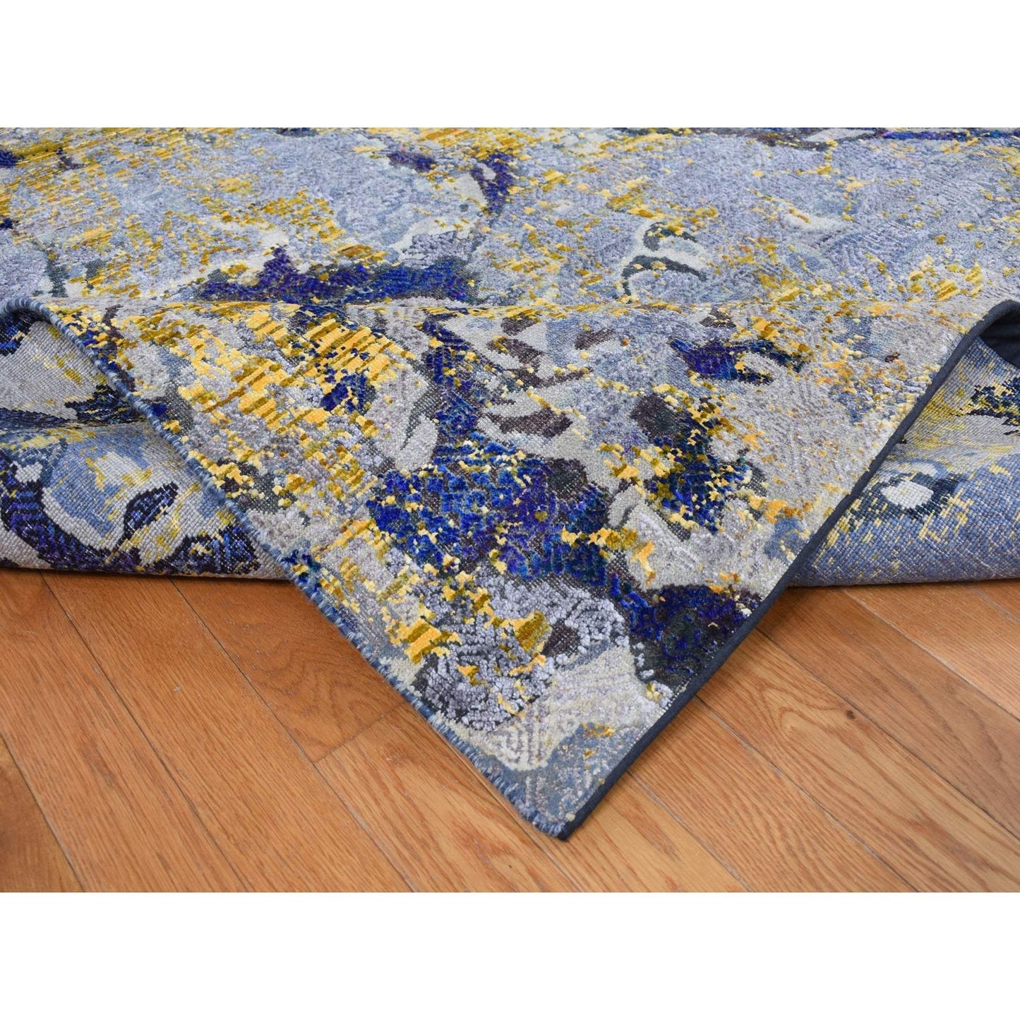 8'10"X12'5" Yellow Modern Design Sari Silk With Wool Hand Knotted Rug
