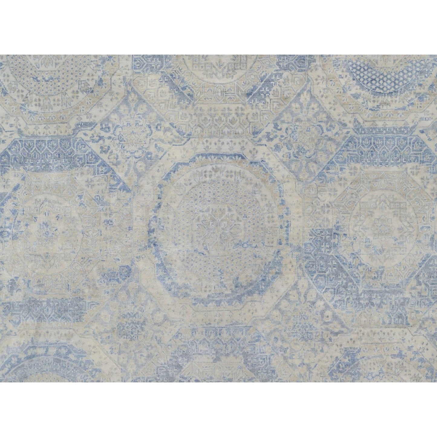 9'X11'9" Ivory-Blue Pure Natural Linen Mamluk Design Hand Knotted Rug