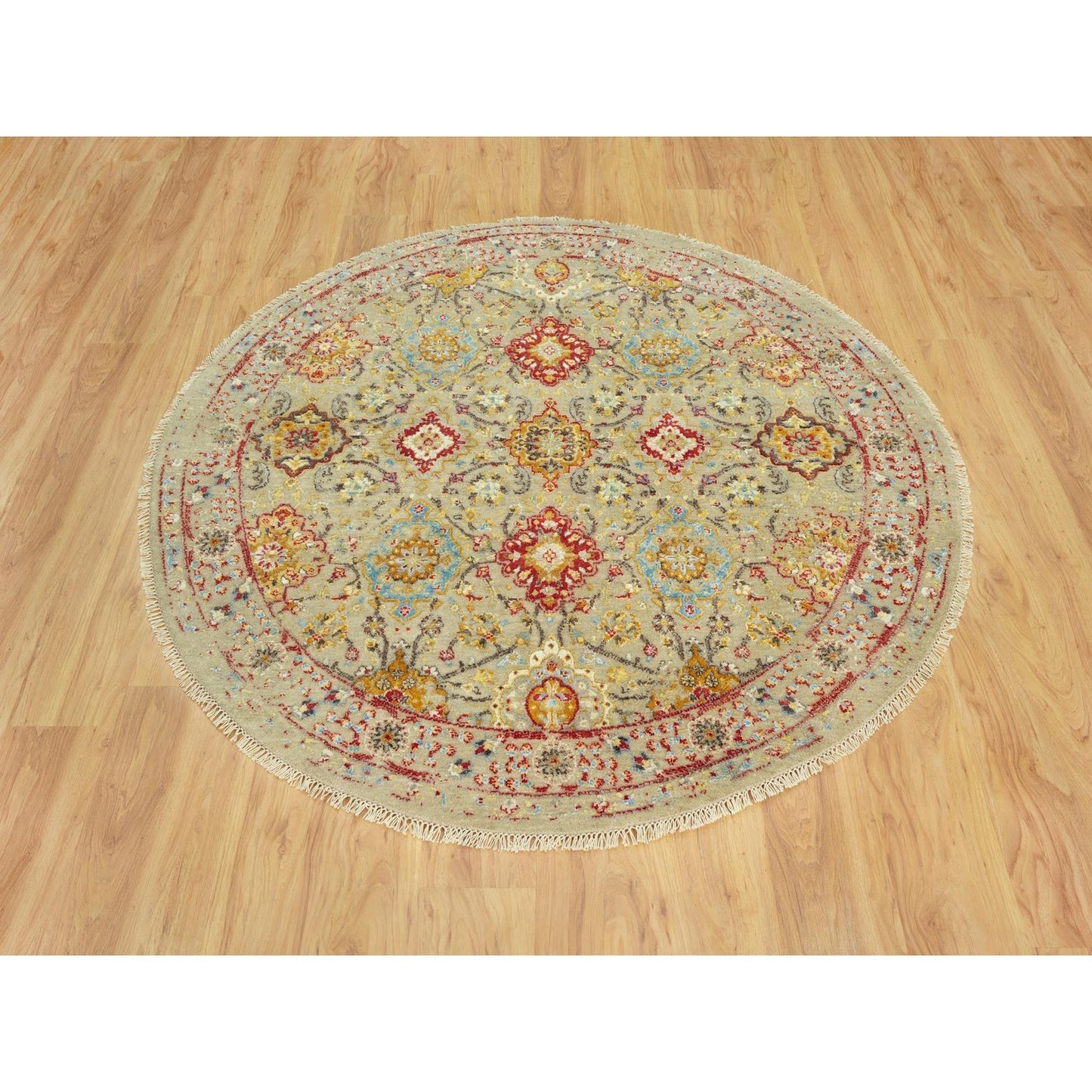 6'X6' Camel Wool And Silk Sunset Rosettes Hand Knotted Round Oriental Rug