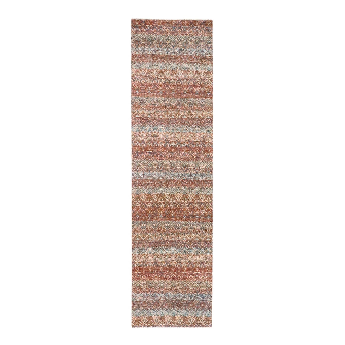 2'7"X10' Red Small Geometric Design Soft Wool Hand Knotted Runner Rug