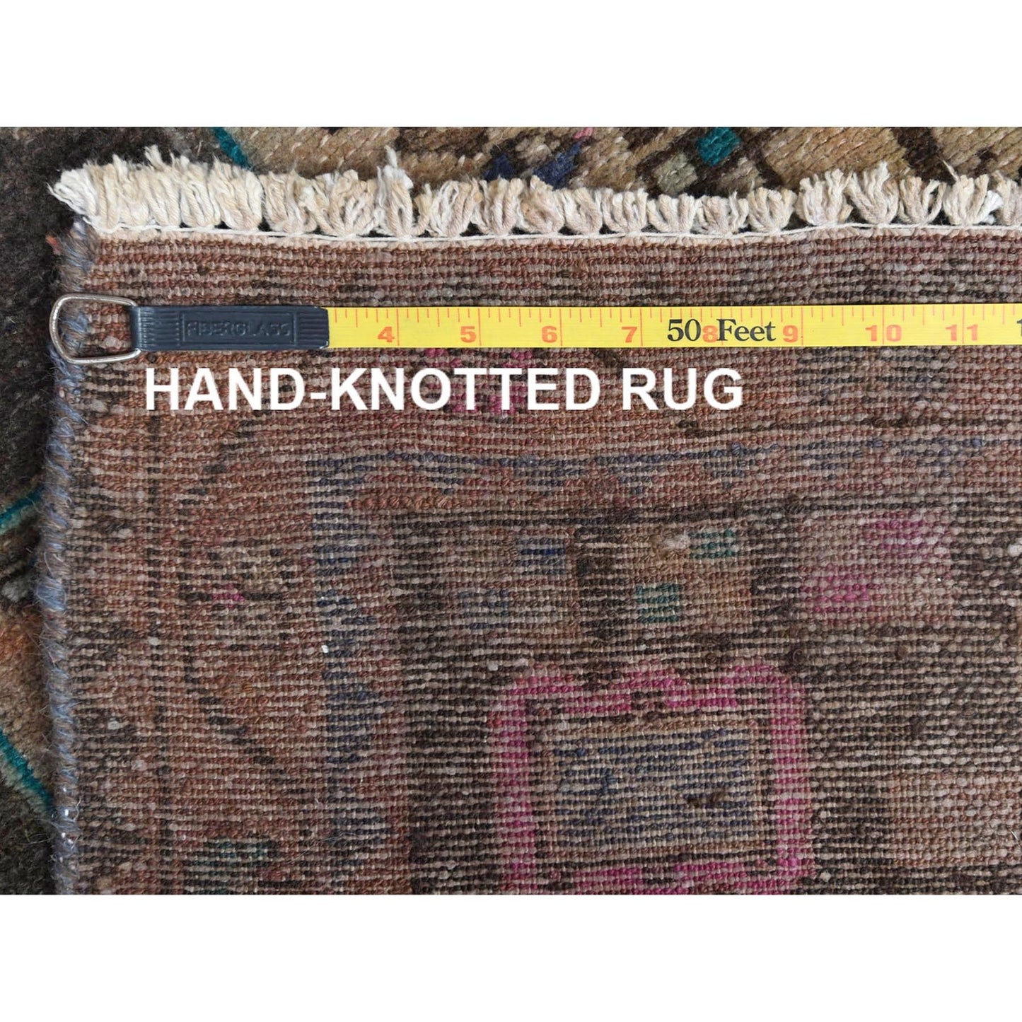 3'4"X9'3" Brown Hand Knotted Vintage Farsian Worn Wool Wide Runner Rug