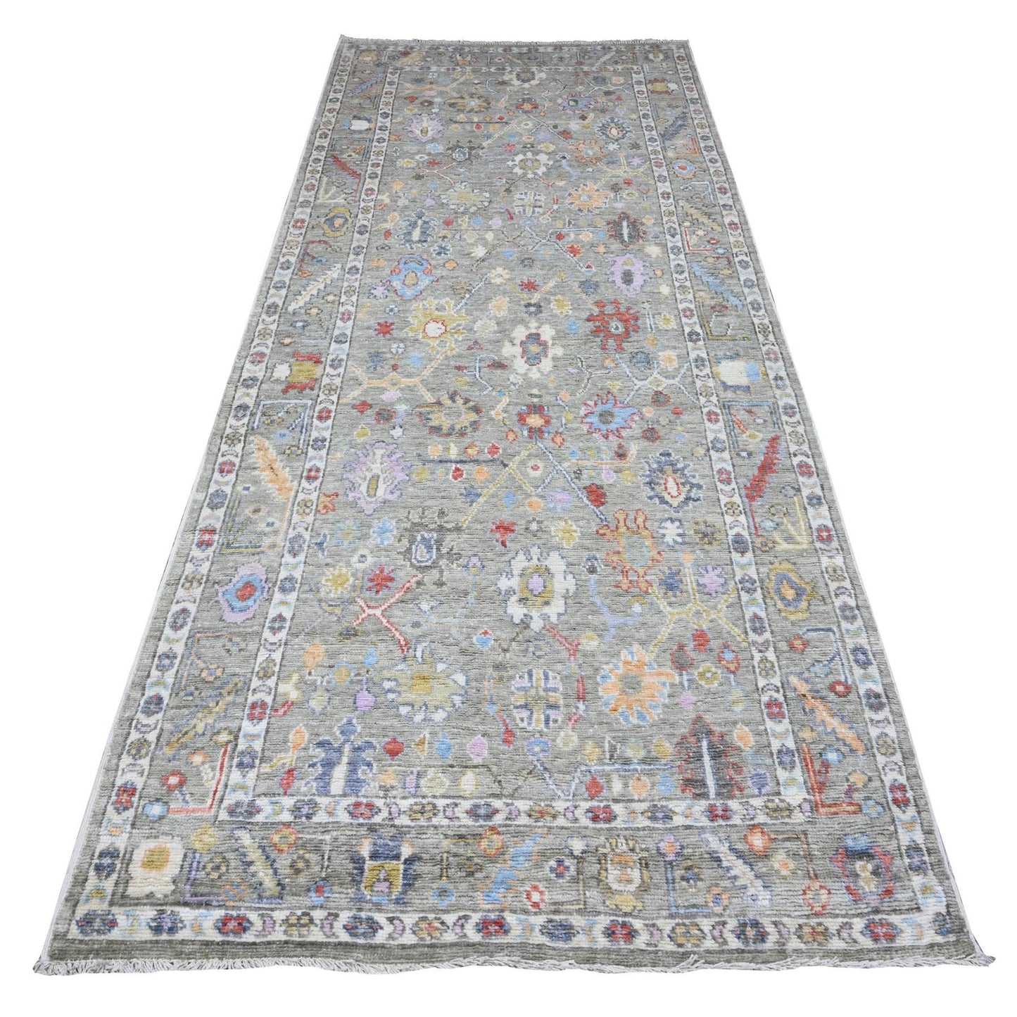 4'5"X10' Swamp Green Wool Weft Angora Oushak Wide Runner Oriental Rug