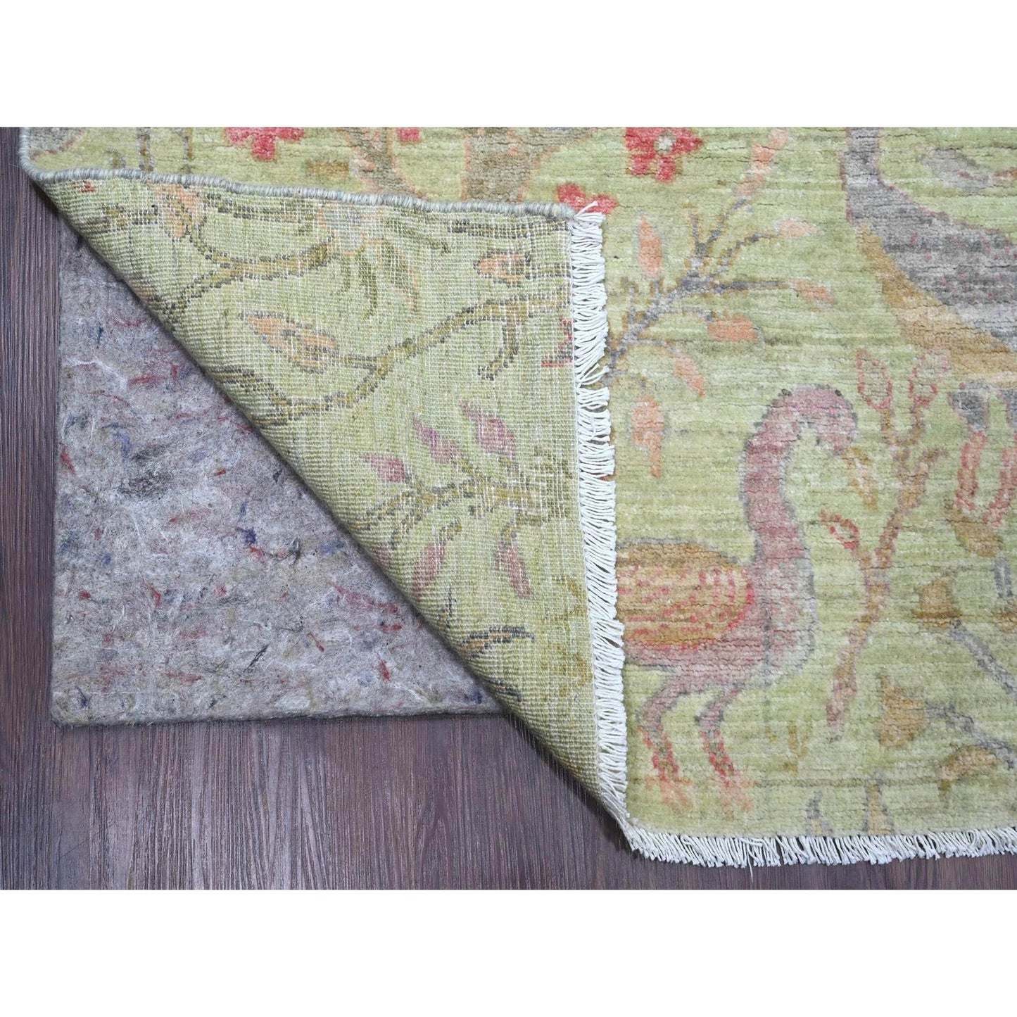 8'10"X12'3" Green Afghan Peshawar Birds Design Hand Knotted Soft Wool Rug