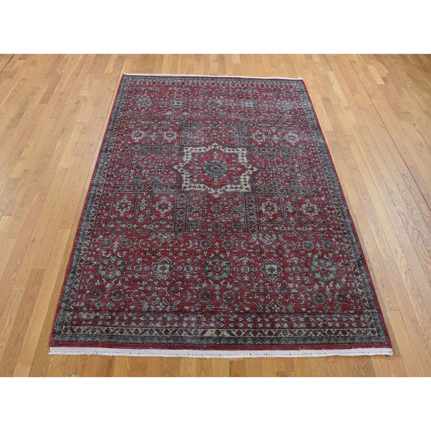 6'1"X9' Vermilion Red, Vintage Look Mamluk, Worn Wool Hand Knotted Rug