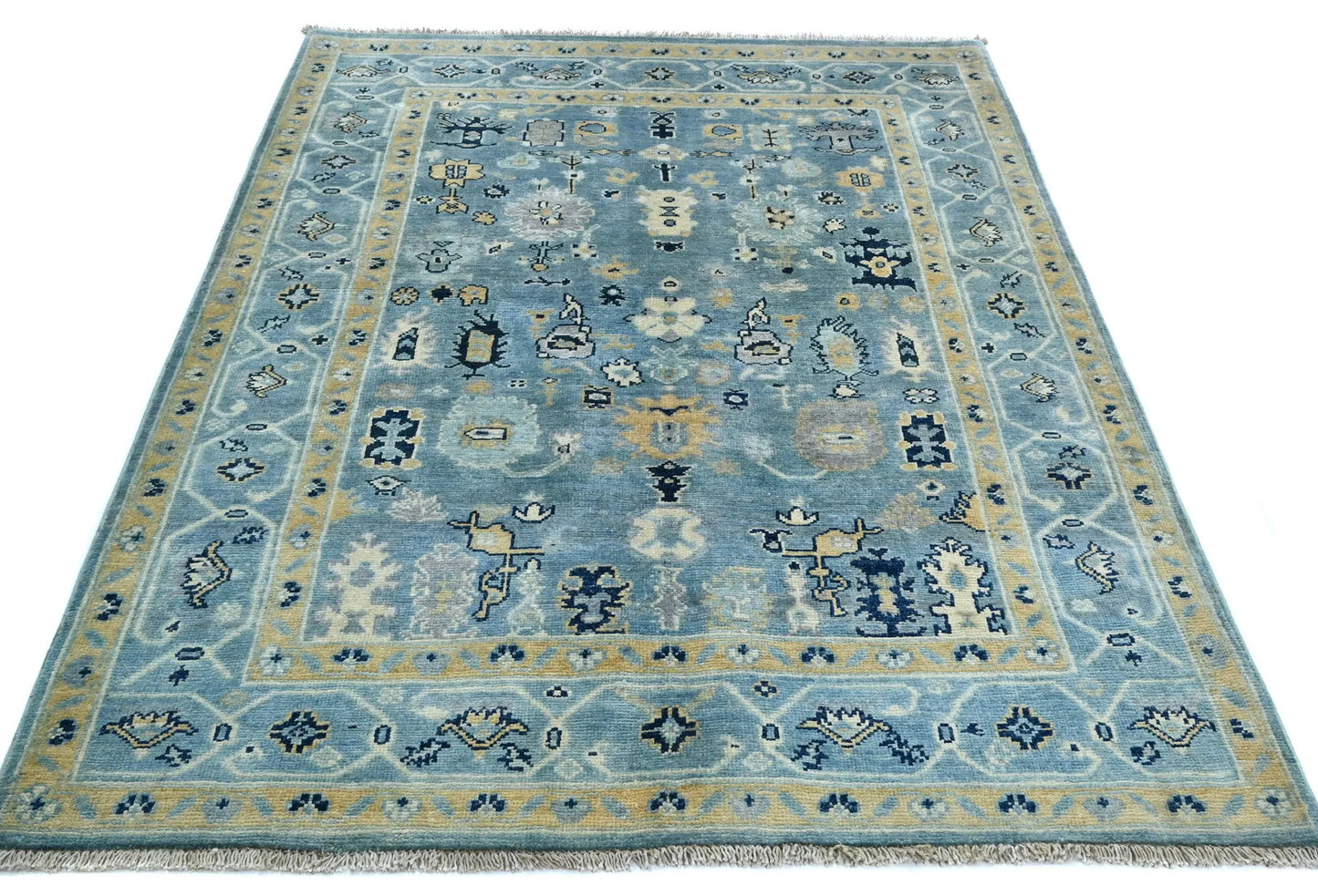 Blue Kazak Oushak Handmade Rug 4X5 Ft Floral