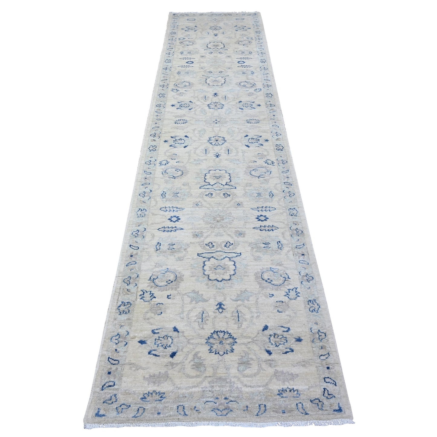 2'8"X11'10" White Hand Knotted Wool White Wash Peshawar Runner Rug