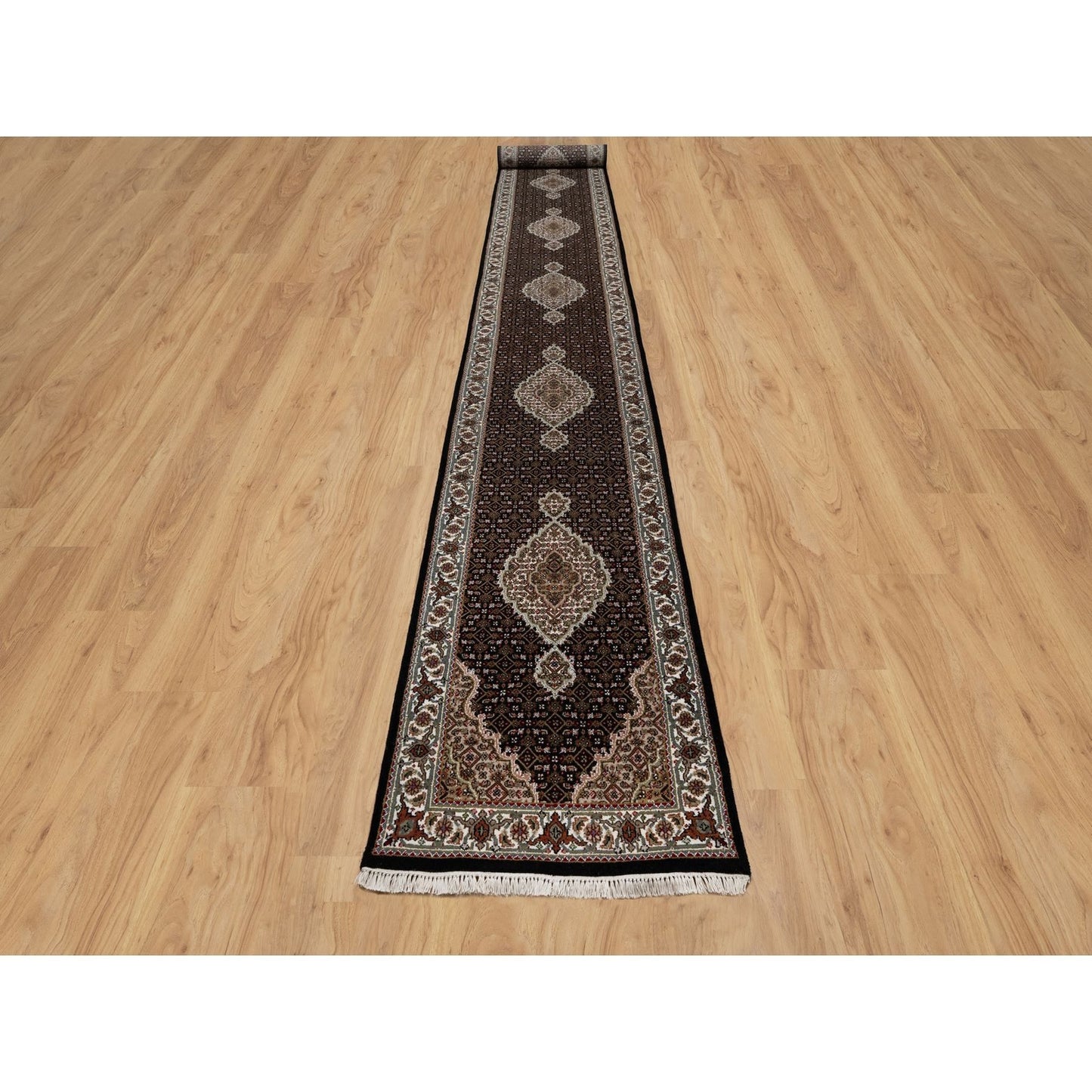 2'8"X20'1" Rich Black Tebraz Mahi Pure Wool Hand Knotted Xl Runner Rug