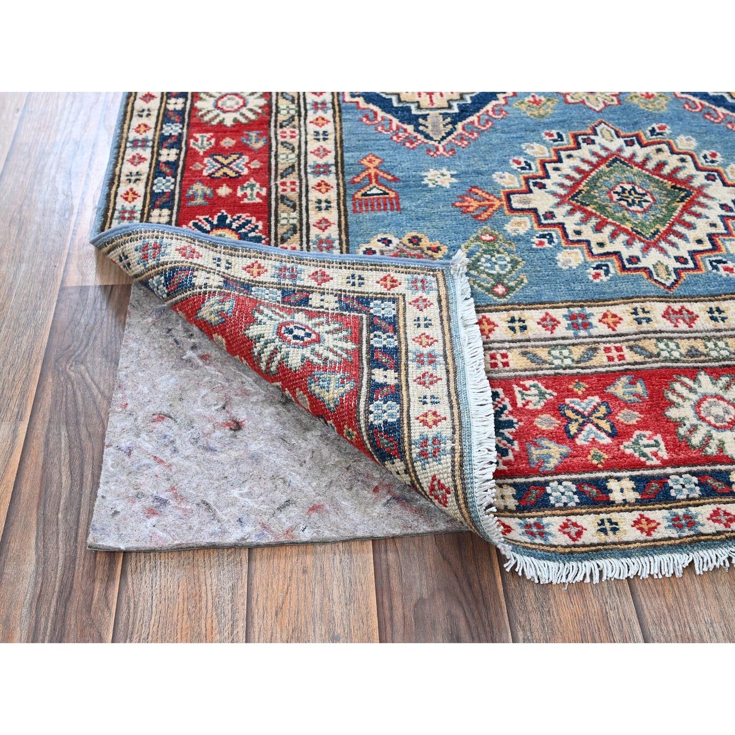 3'10"X6'3" Ruddy Blue Kazak Geometric Design Soft Wool Hand Knotted Rug