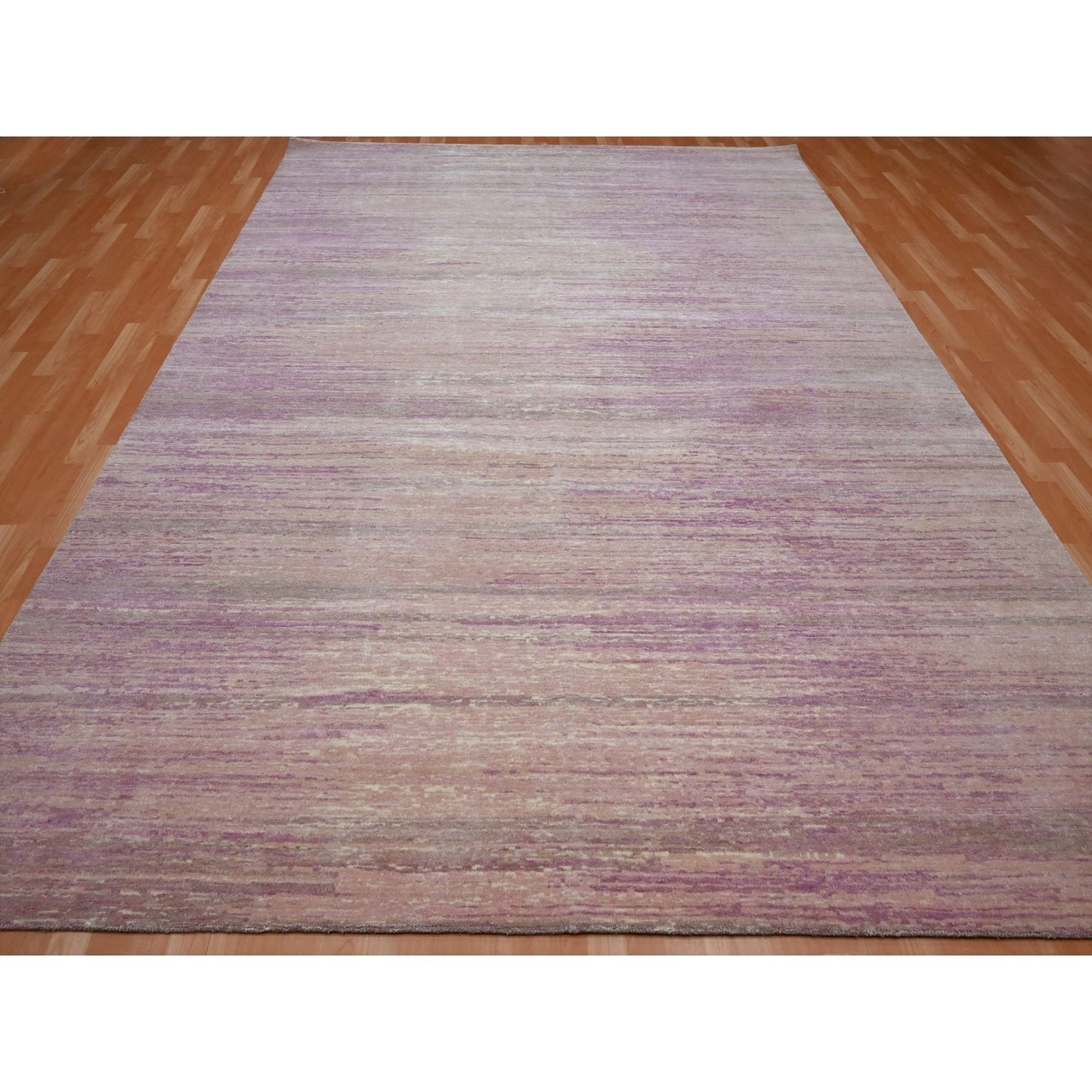 9'X12'3" Flamingo Pink Horizontal Ombre Design Hand Knotted Pure Wool Rug