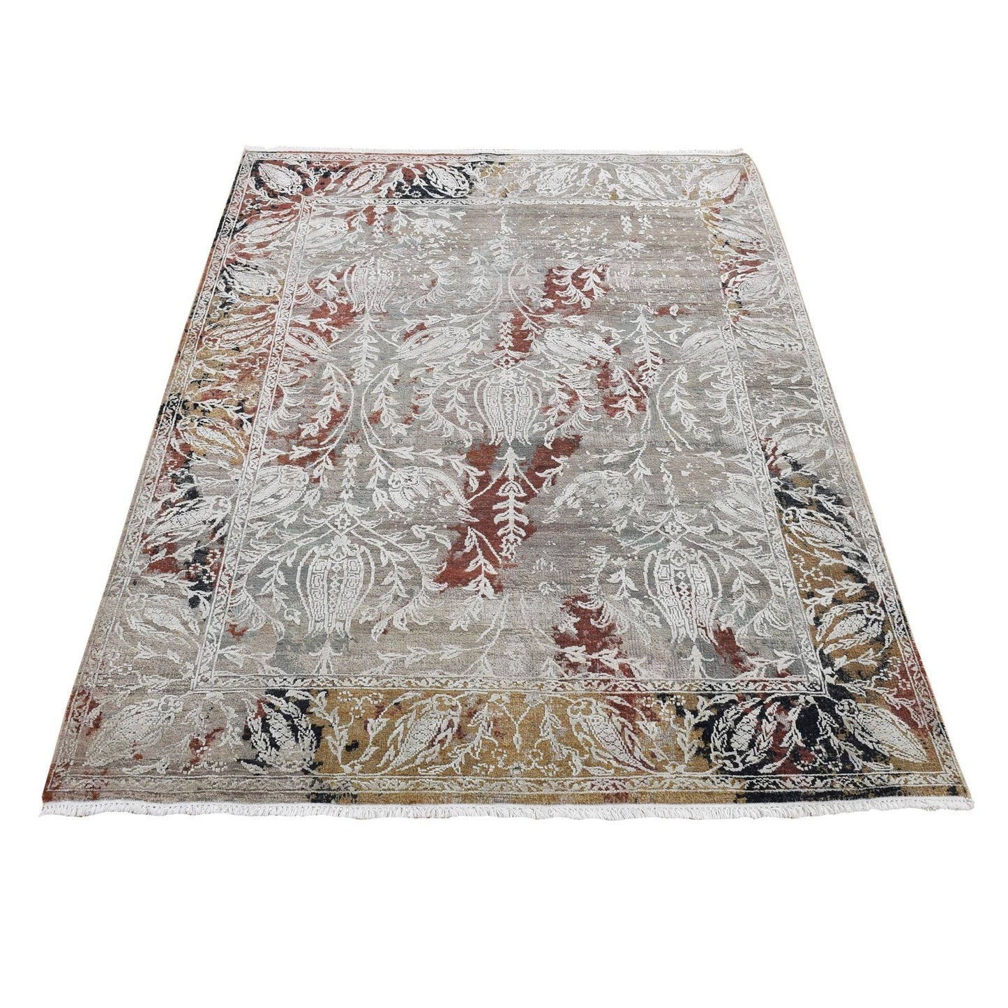 5'2"X7'1" Gray Broken Tulip Design Silk With Wool Hand Knotted Rug