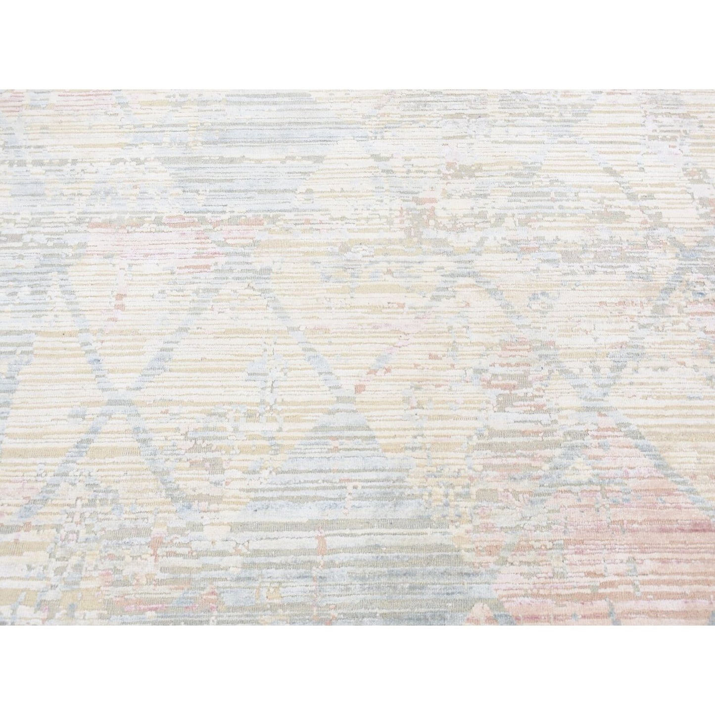 9'X11'10" Light Yellow Trellis Design Wool And Silk Hand Knotted Rug