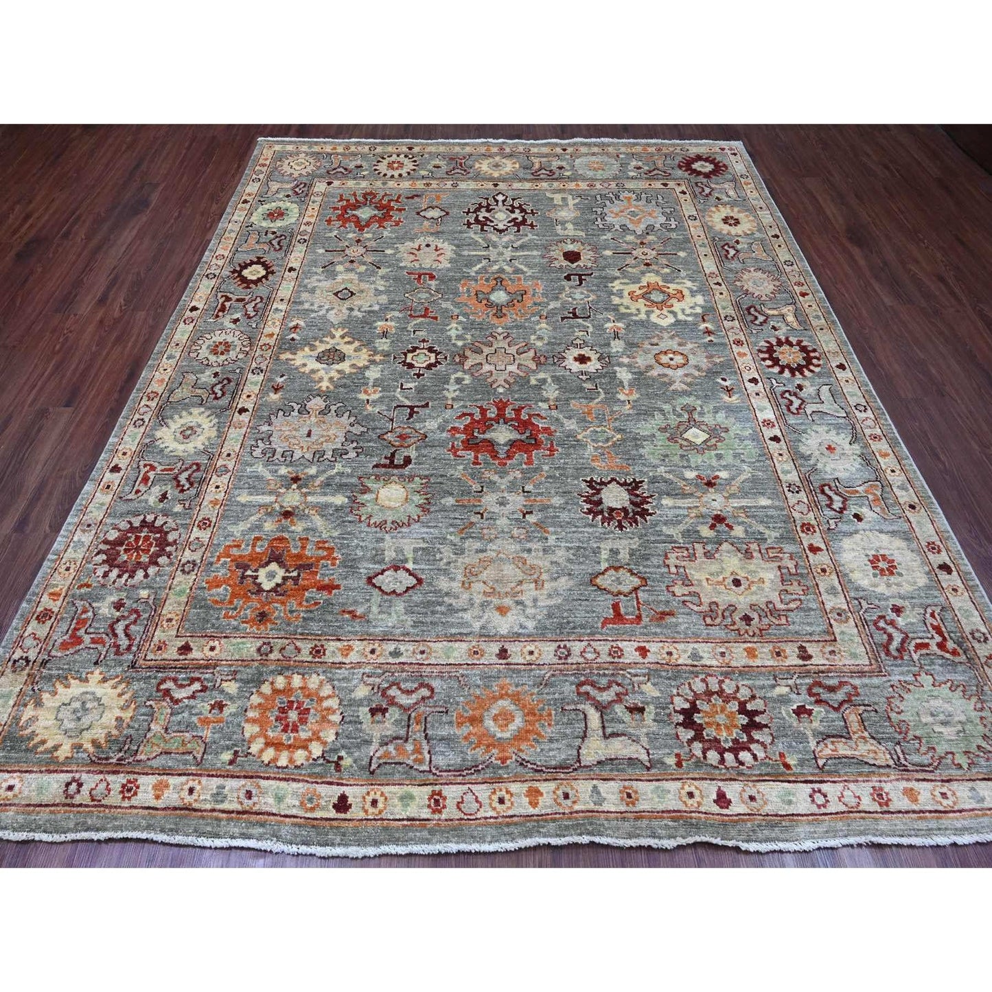 7'9"X9'5" Gray Afghan Angora Oushak Leaf Pattern Hand Knotted Wool Rug