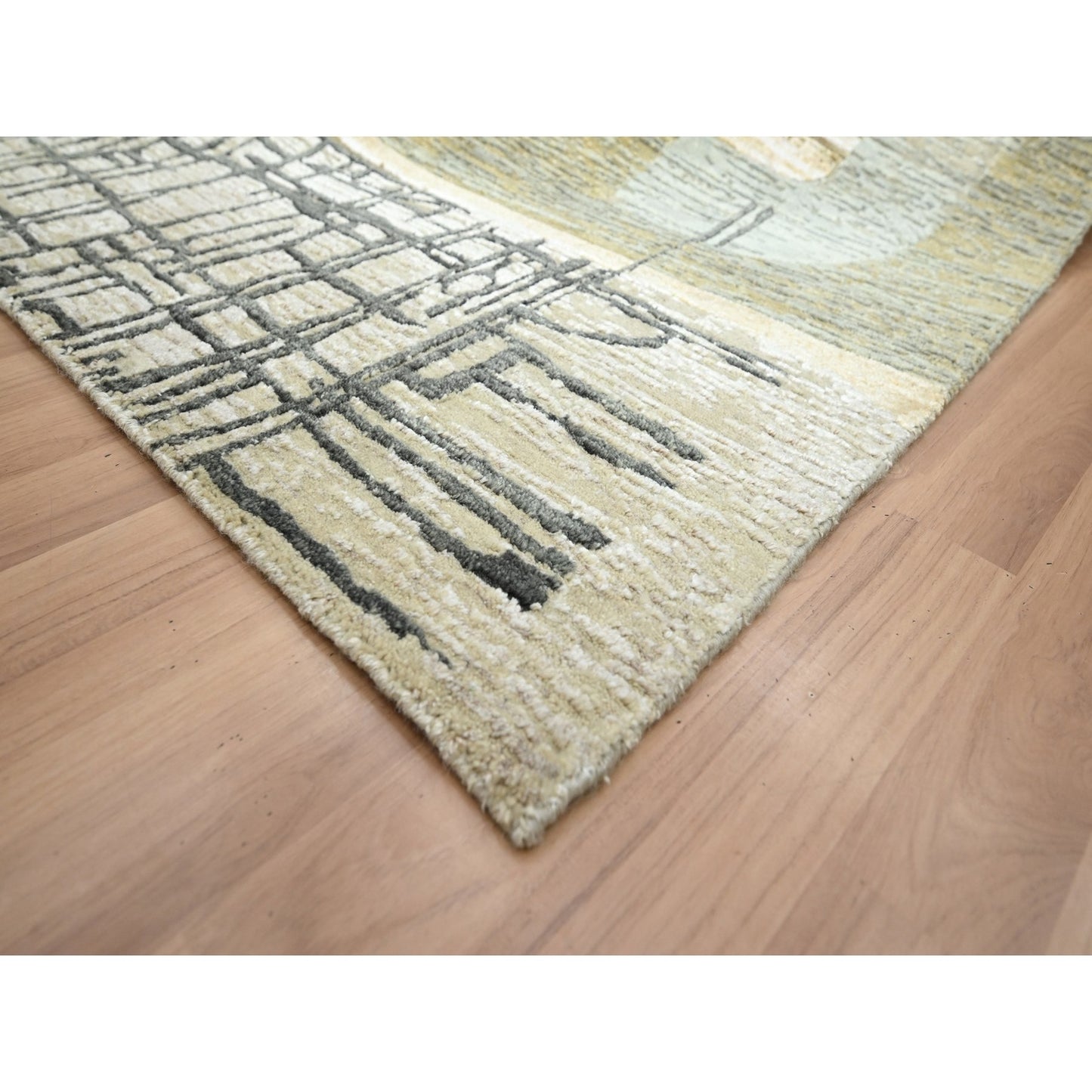 9'X11'9" Gray-Brown Abstract Geometric Pattern Hand Knotted Pure Wool Rug