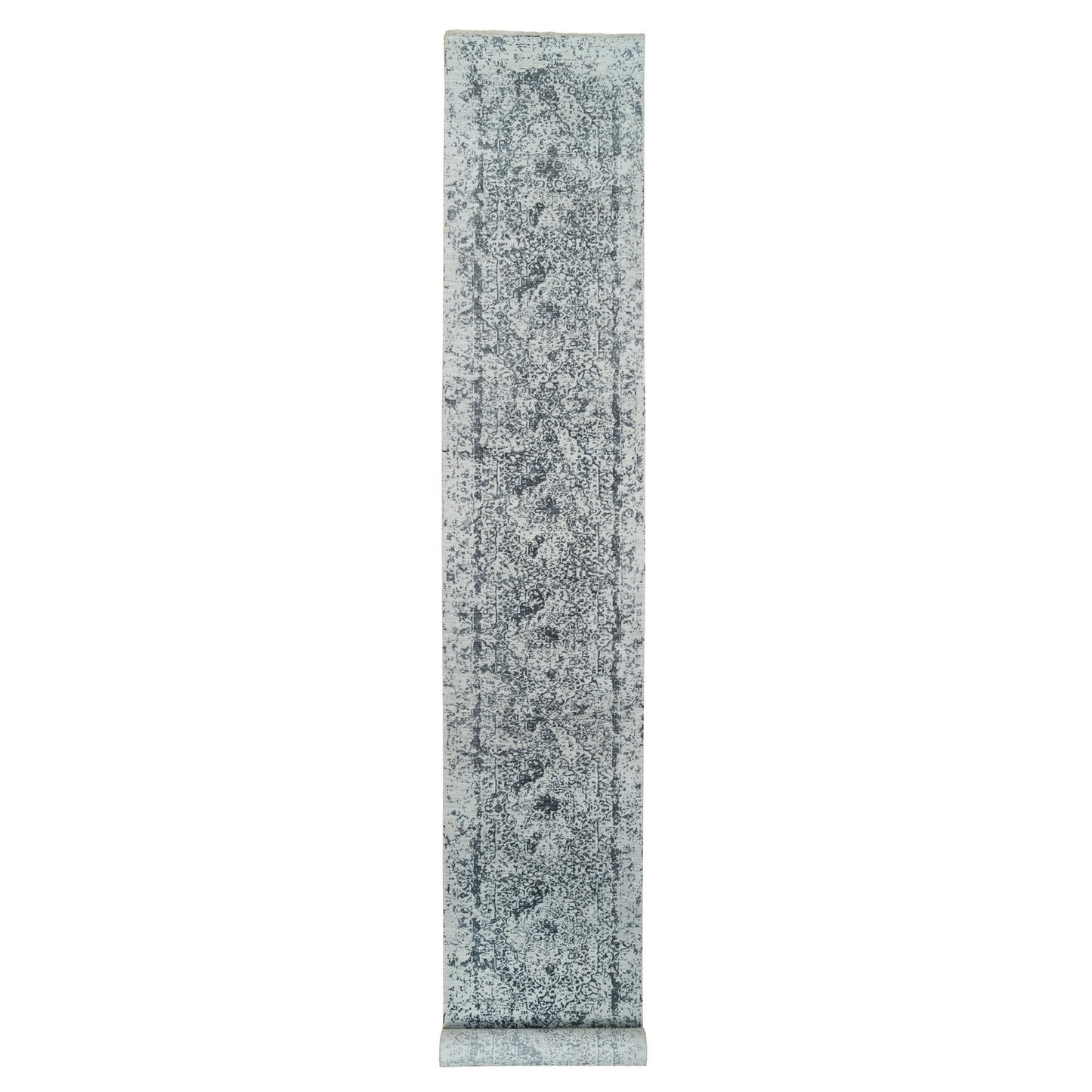 2'8"X20' Gray Wool/Silk Hand Knotted Zoroastrian Design Xl Runner Rug