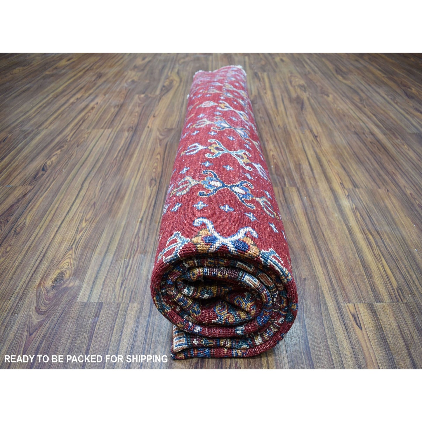 9'7"X9'7" Red Round Super Kazak Khorjin Design Natural Wool Oriental Rug