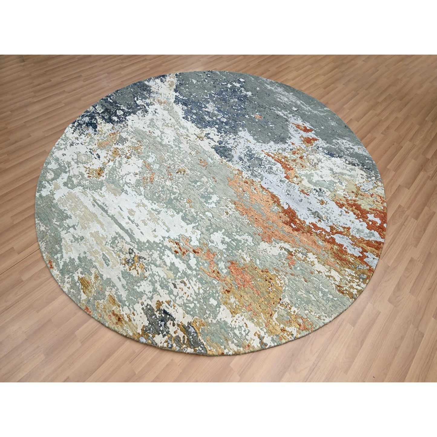 8'X8' Gray With Peach Abstract Design Pure Wool Hand Knotted Round Rug