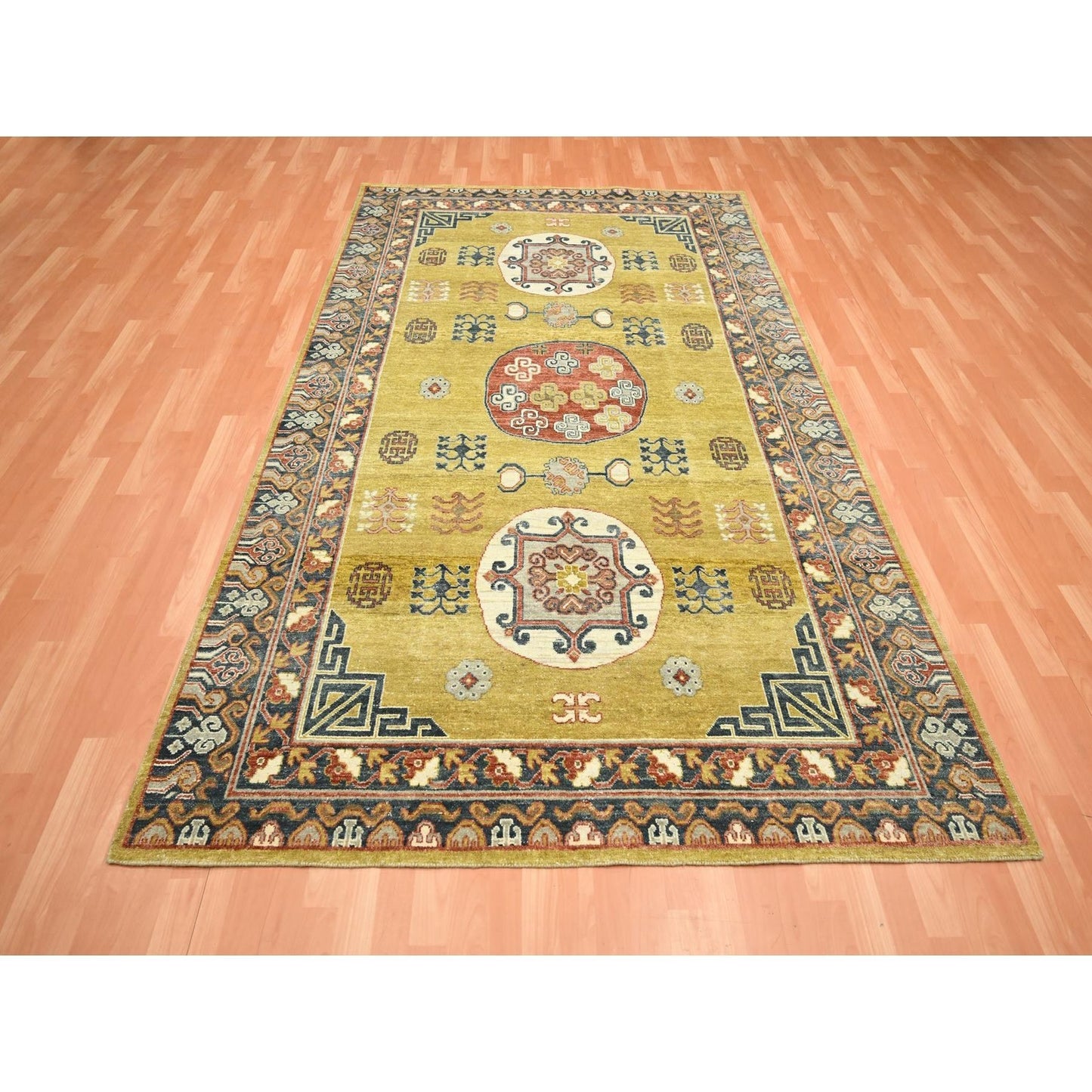 6'1"X9'4" Yellow Khotan Influence Distressed Hand Knotted 100% Wool Rug