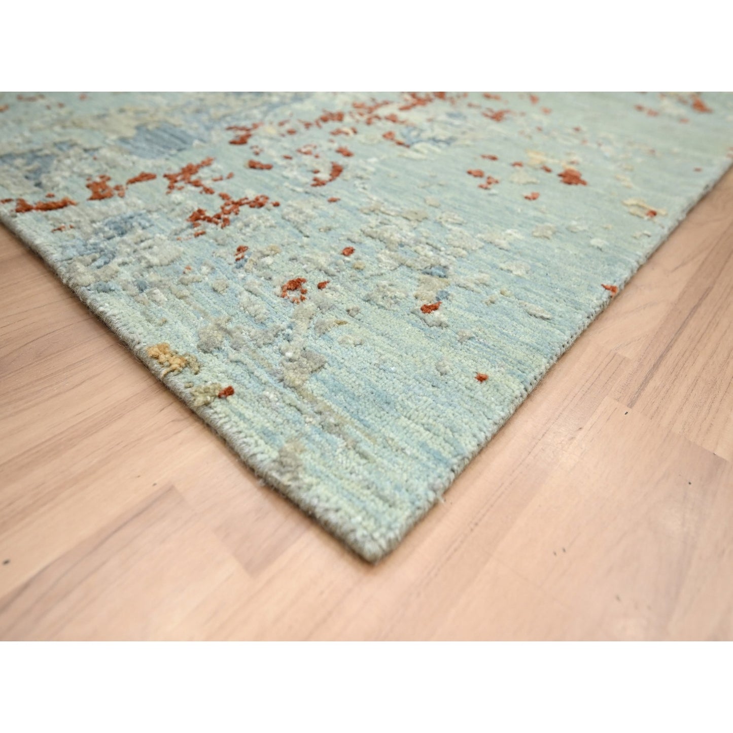 9'X12'3" Green With Beige Abstract Design Pure Wool Hand Knotted Rug