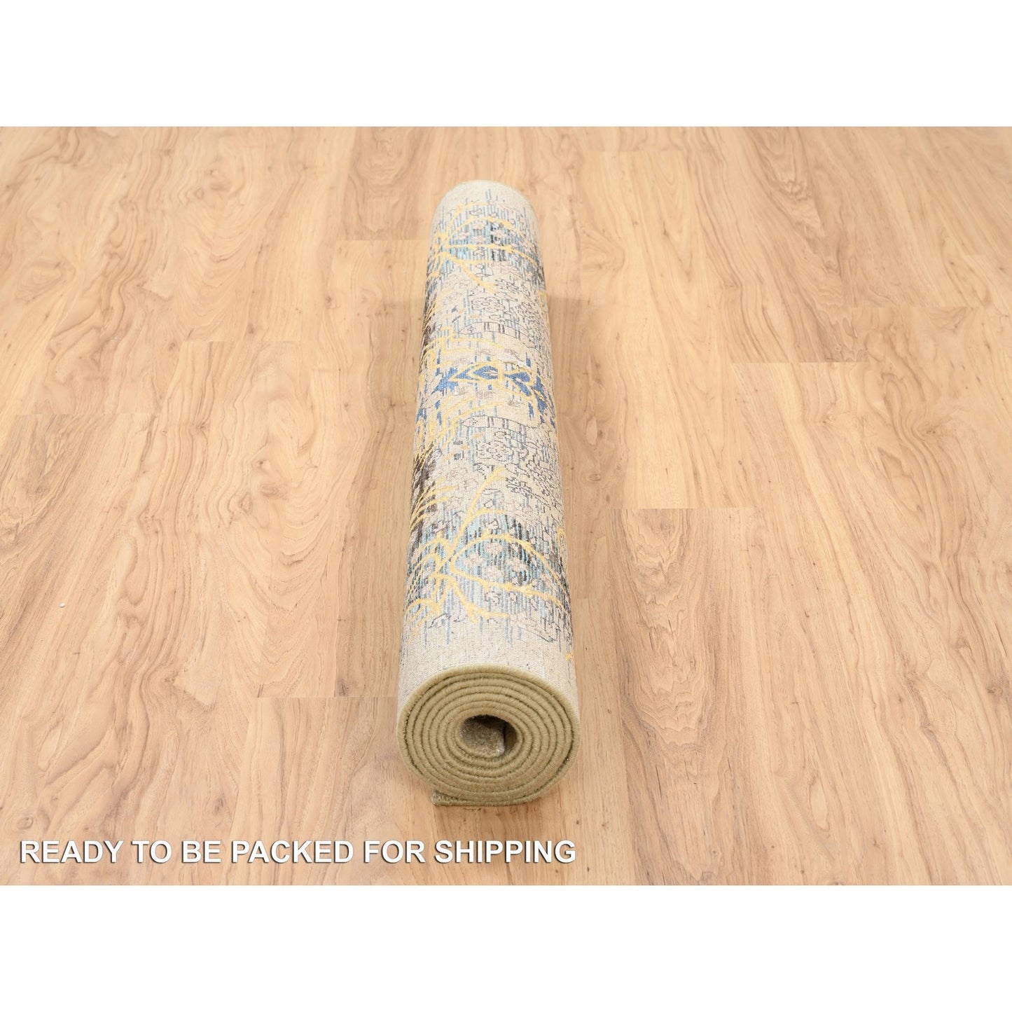 4'2"X10' Gold Brown Hand Knotted Silk With Wool Wide Runner Rug