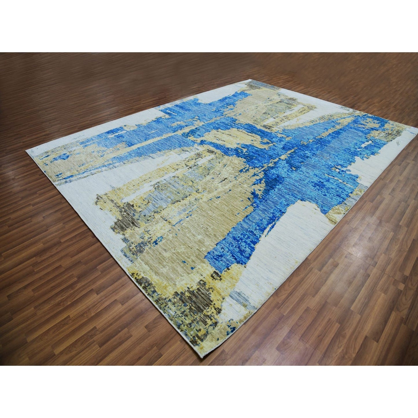 10'2"X13'8" Ivory Colorful Modern Abstract Design Hand Knotted Wool Rug