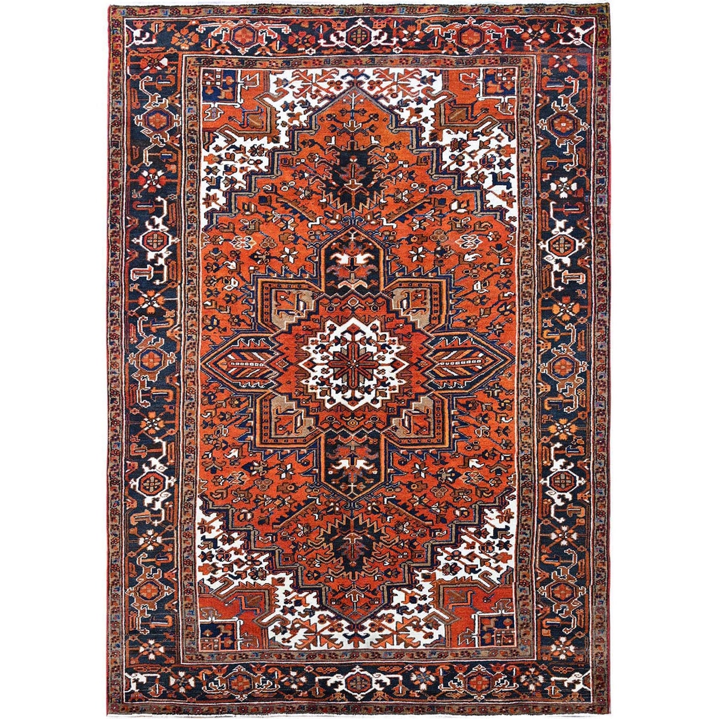 6'7"X9'7" Vivid Orange Vintage Zoroastrian Heris Pure Wool Hand Knotted Rug