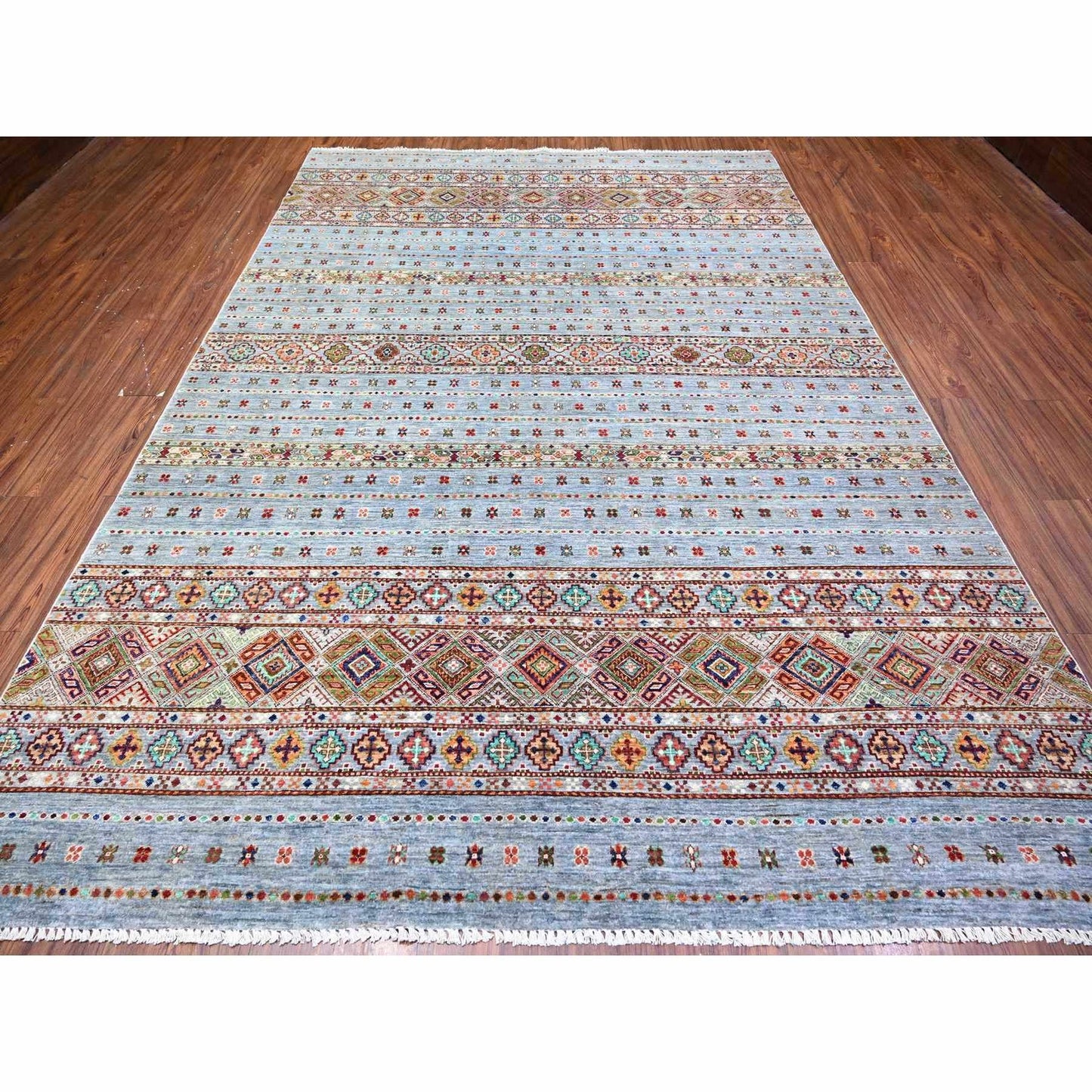 8'2"X11'10" Blue Gray Super Kazak Khorjin Design Hand Knotted Wool Rug
