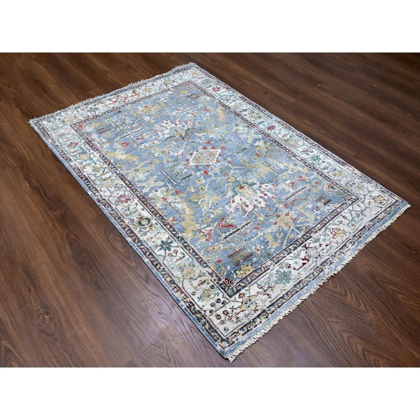 4'X5'9" Blue Wool Broken And Erased Zoroastrian Heris Hand Knotted Rug