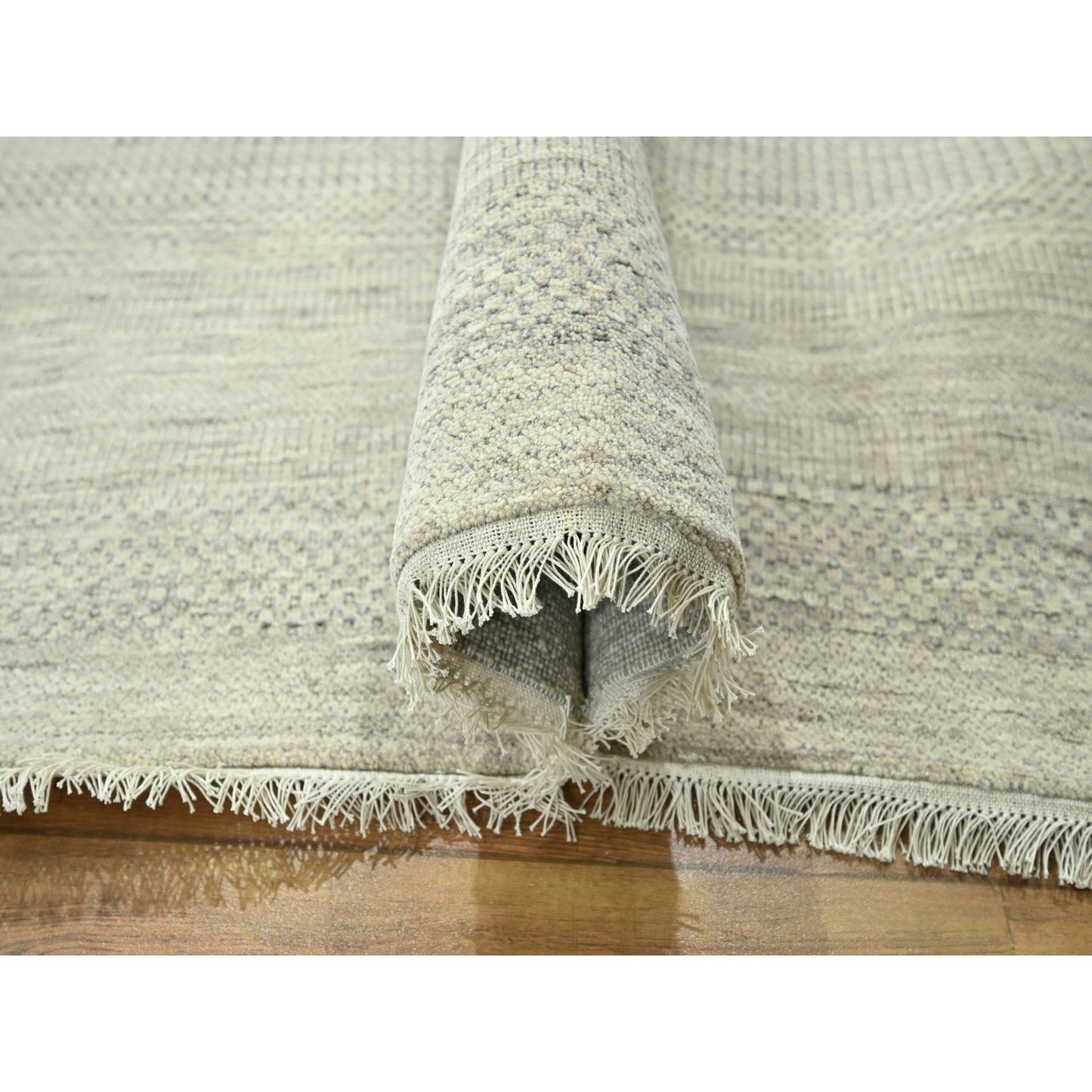 10'X14' Ivory Modern Grass Design Hand Knotted Wool And Silk Oriental Rug