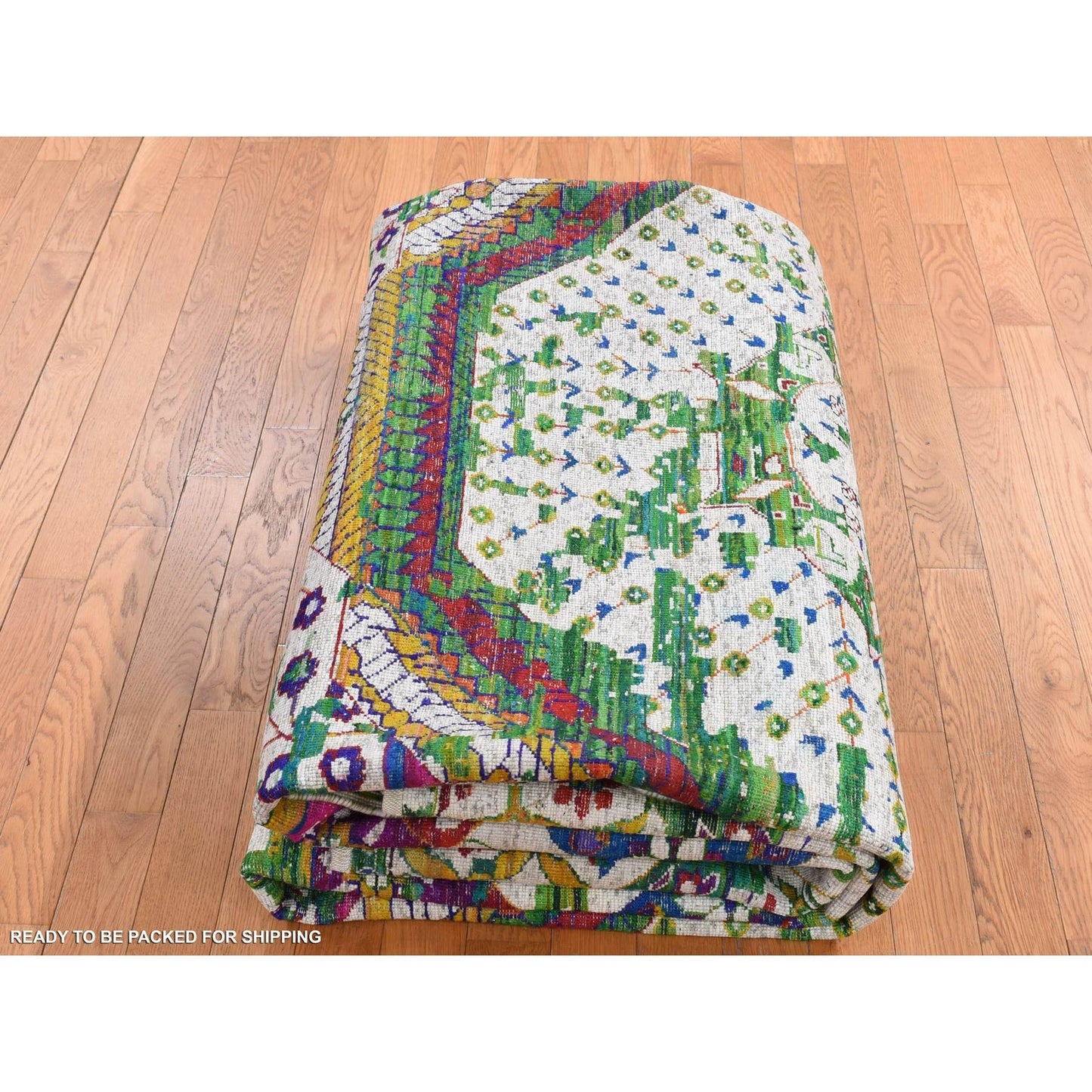 9'X12'1" Ivory Sari Silk Colorful Mamluk Design Hand Knotted Rug