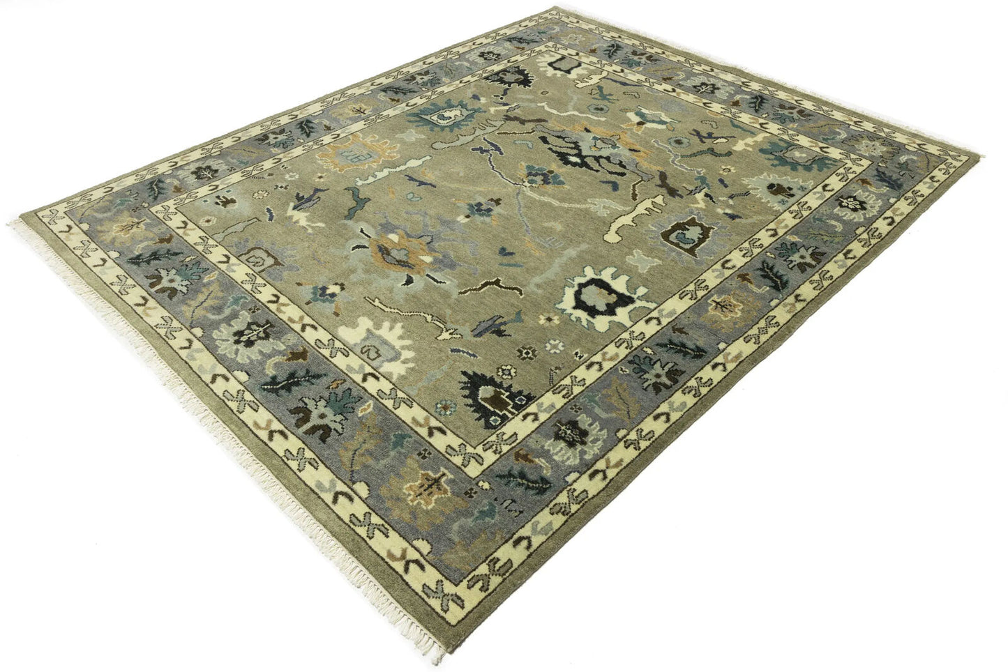 Khaki Floral Oushak Chobi Oriental Rug Handmade