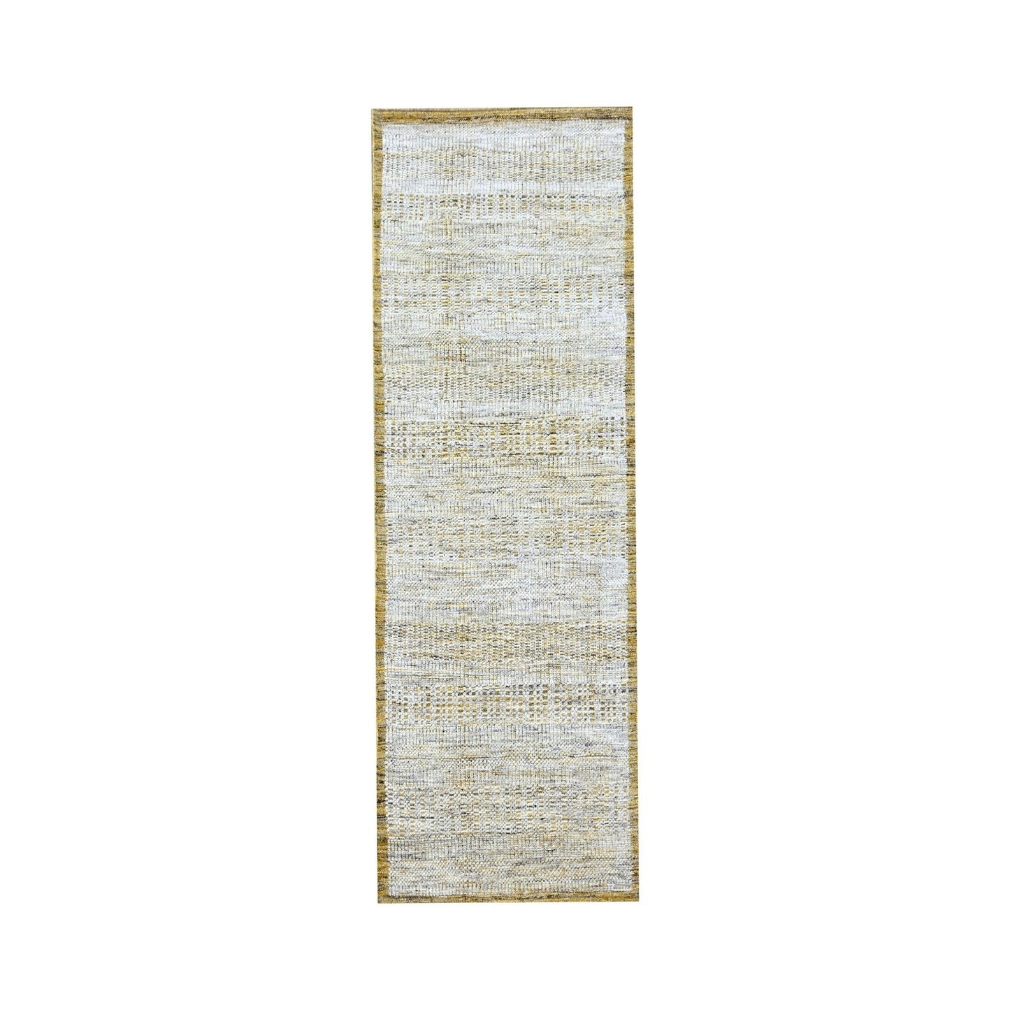 2'7"X8'2" White & Gold Hand Knotted Oxidized Grass Design Wool Runner Rug