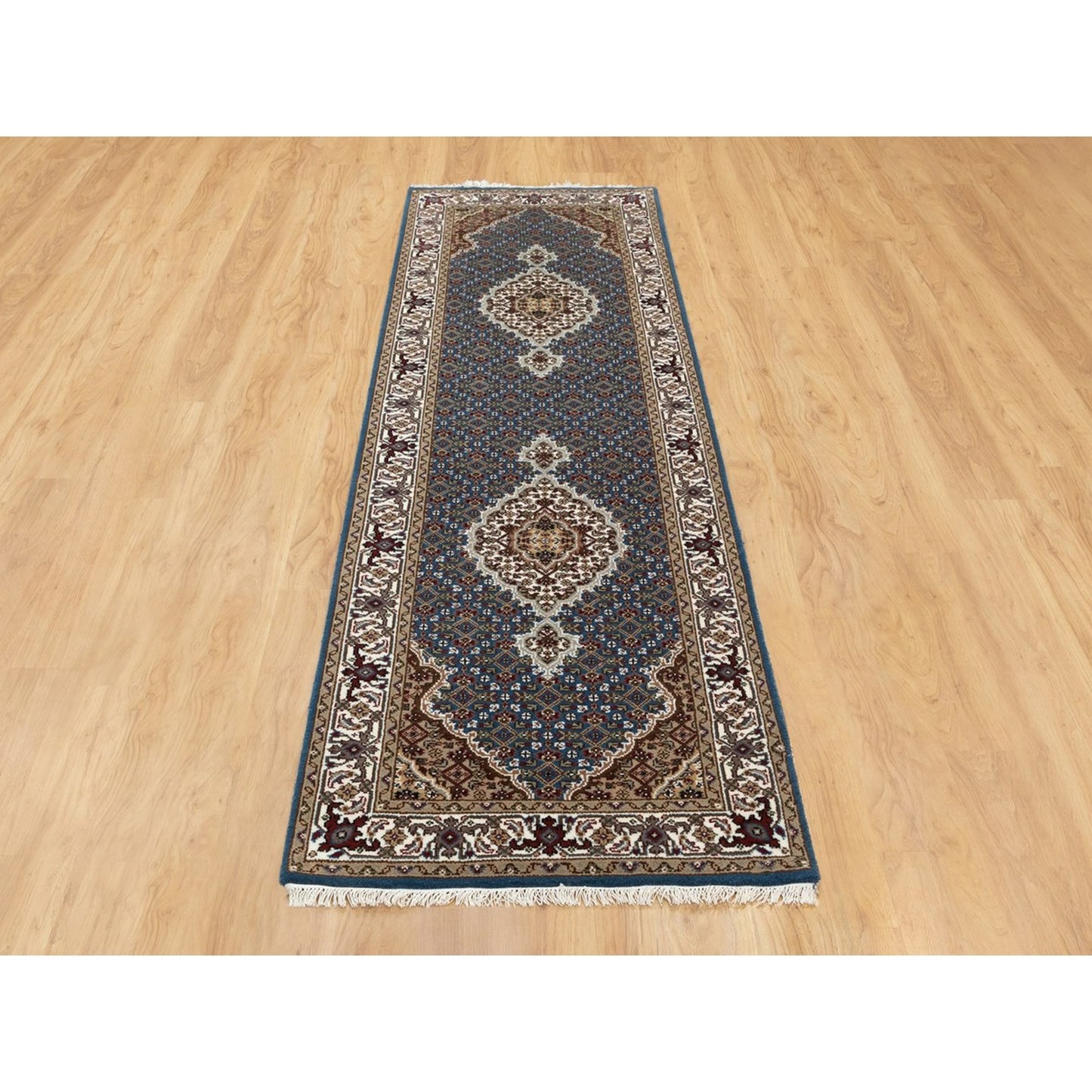 2'7"X8'7" Blue Fish Design Tebraz Mahi Wool And Silk Oriental Runner Rug