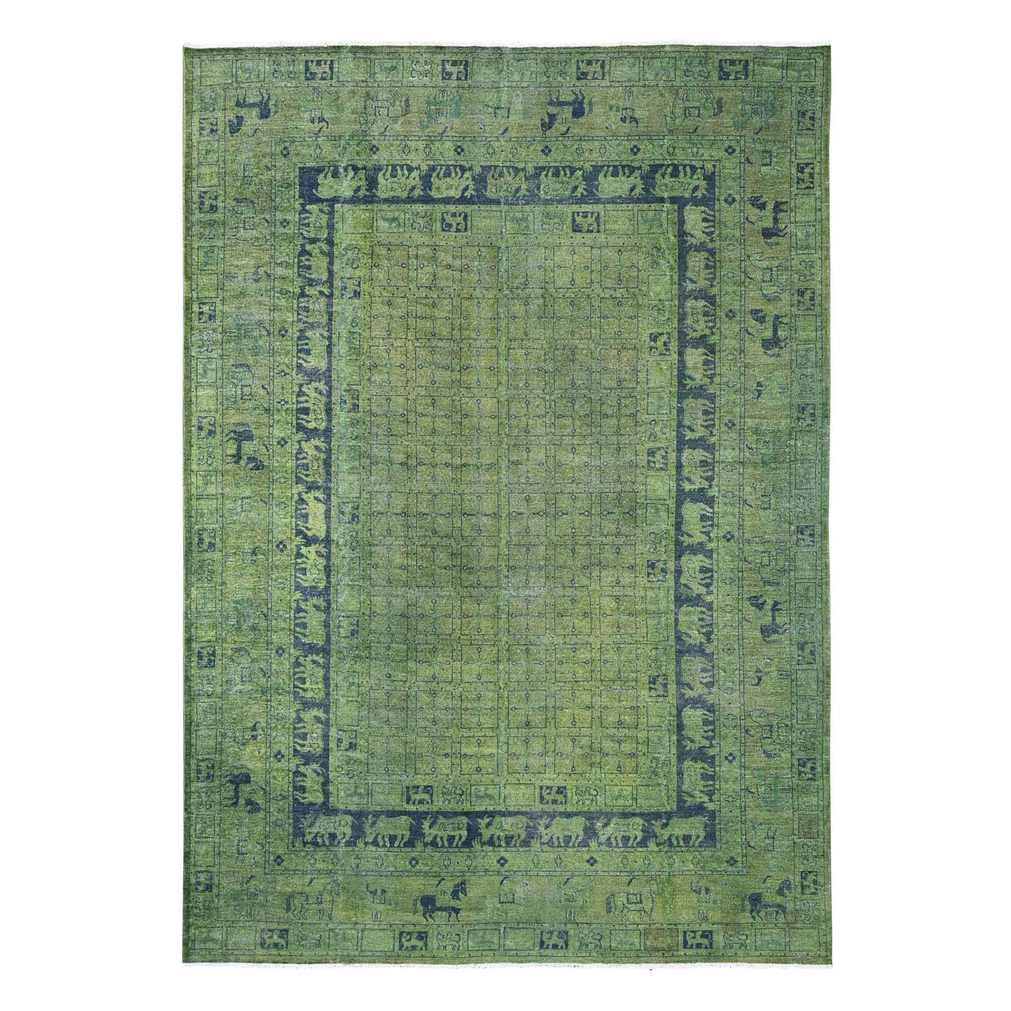 9'9"X13'8" Green Overdyed Peshawar Pazyryk Design Wool Hand Knotted Rug