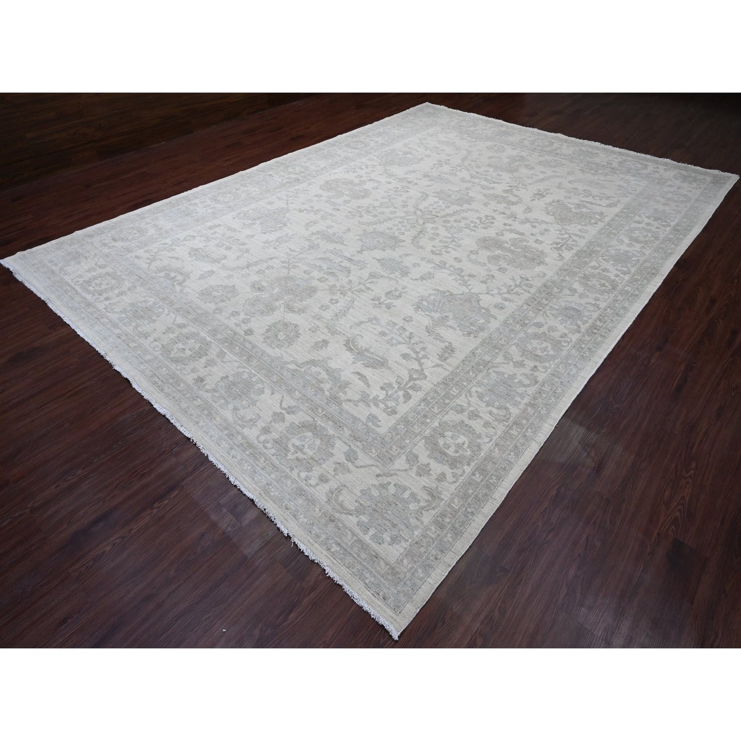 10'X13'8" Cotton White Washed Out Peshawar 100% Wool Hand Knotted Rug