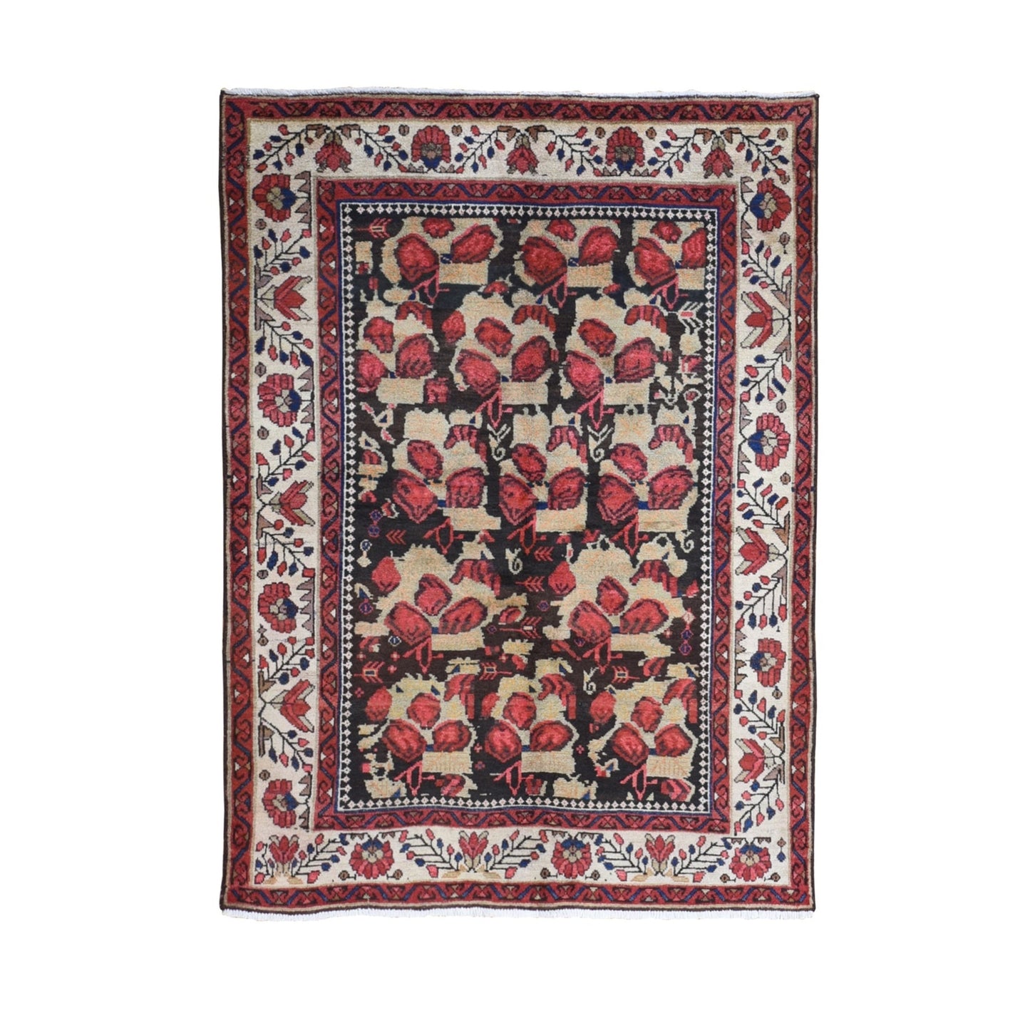4'5"X6'1" Beige Old Farsian Karabakjon Clean Pure Wool Hand Knotted Rug