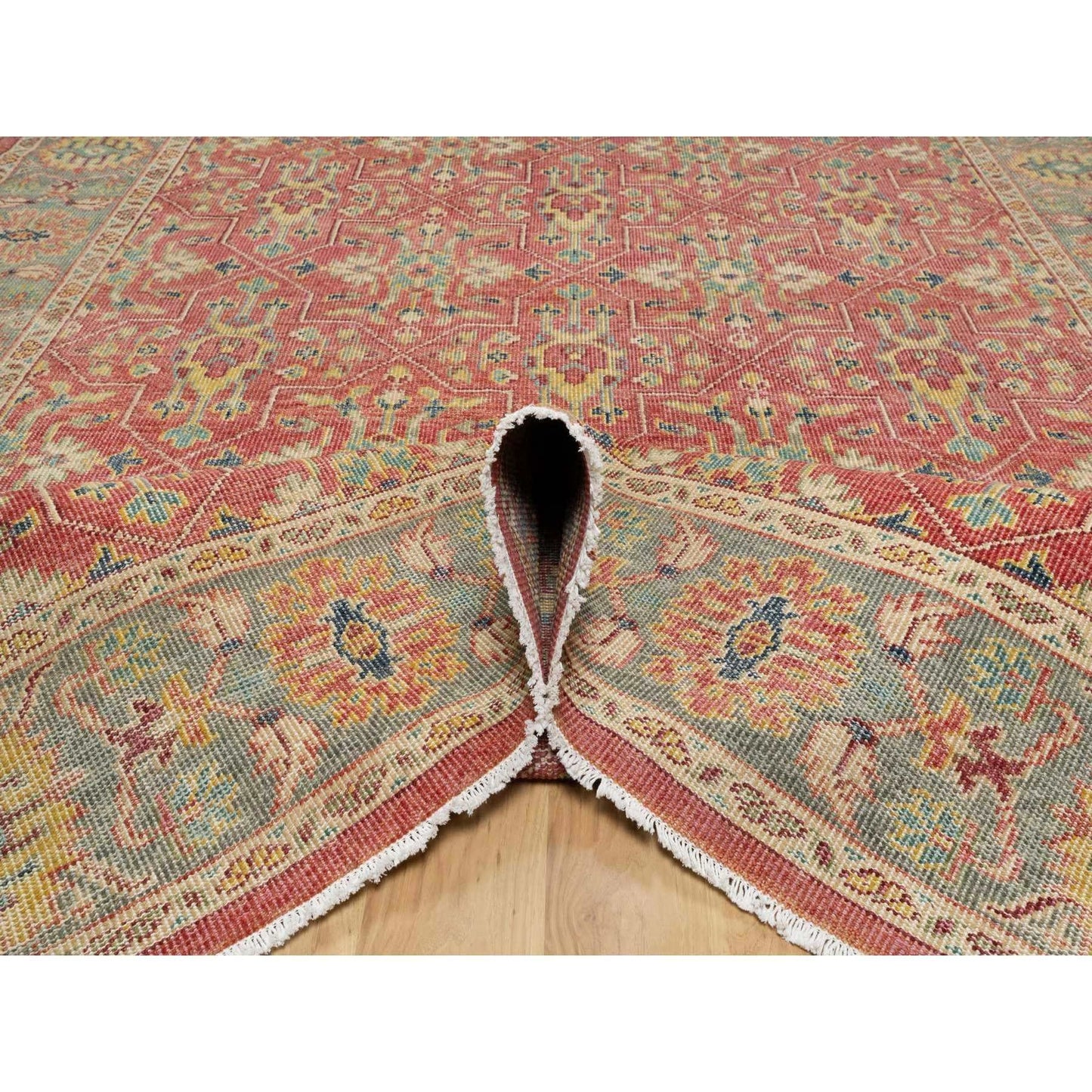 10'X13'9" Red Hand Knotted Antiqued Oushak Design Wool Oriental Rug