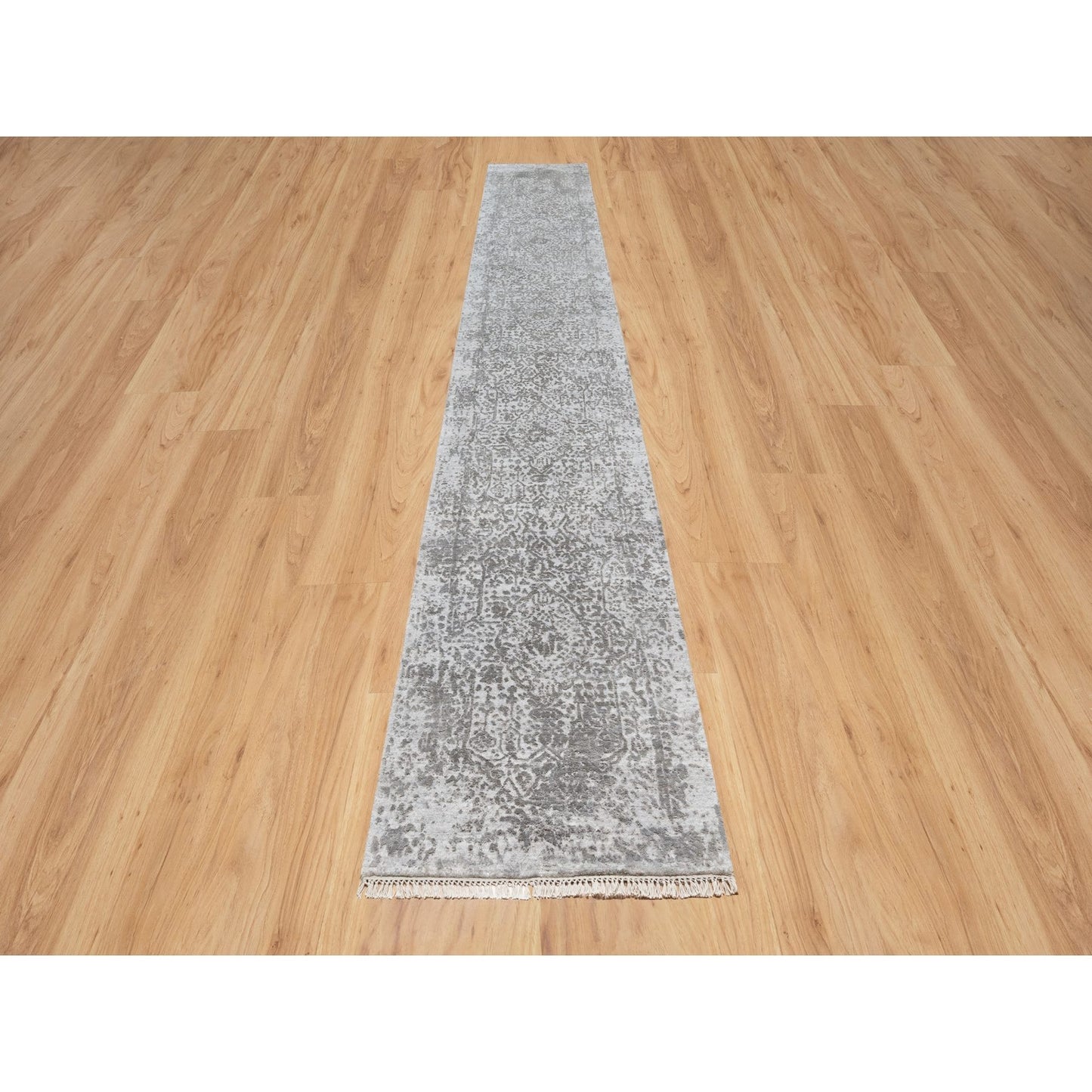 2'7"X16' Gray Zoroastrian Design Hand Knotted Wool And Silk Runner Rug