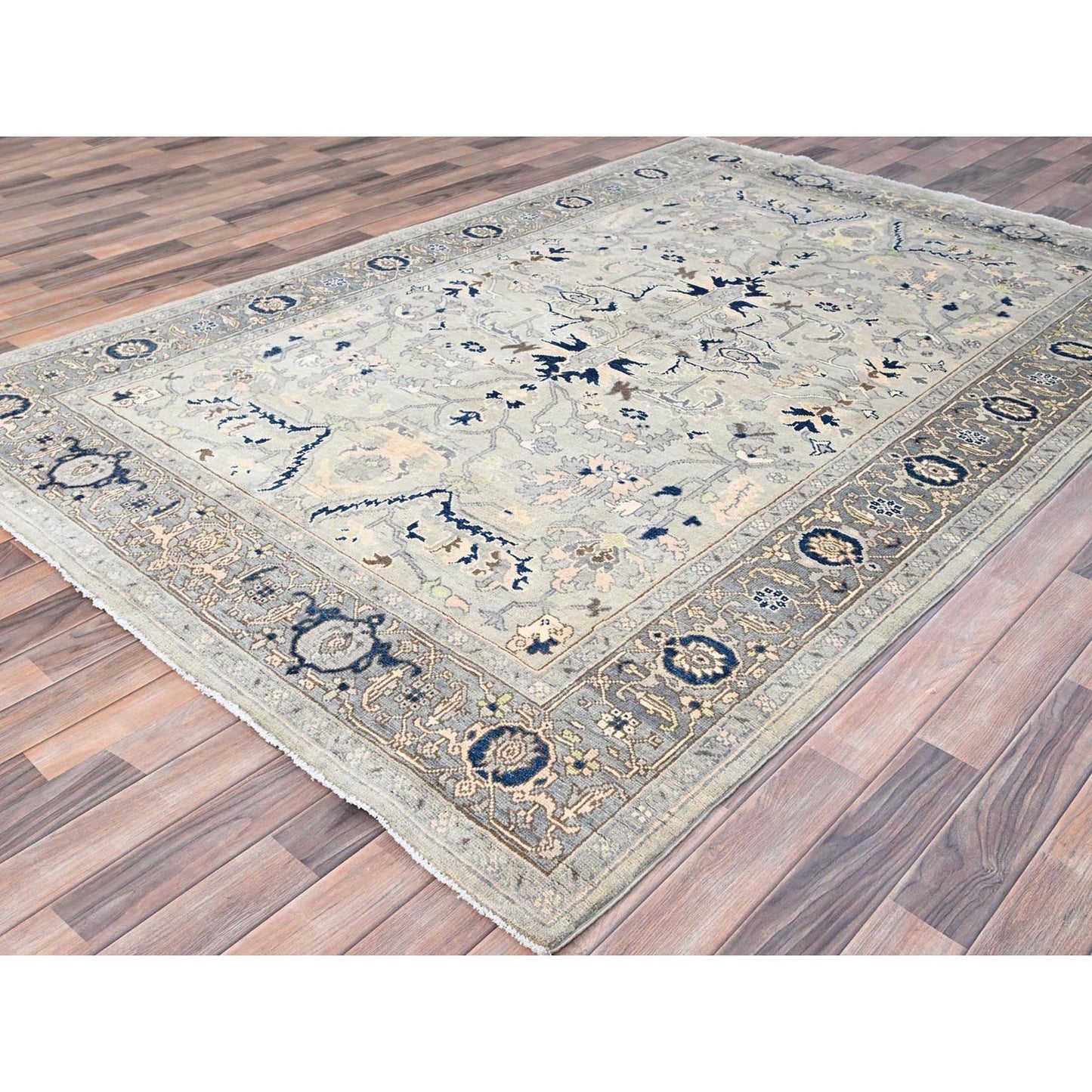 6'2"X8'10" Grey Seeripe Heris Design Soft Wool Hand Knotted Oriental Rug