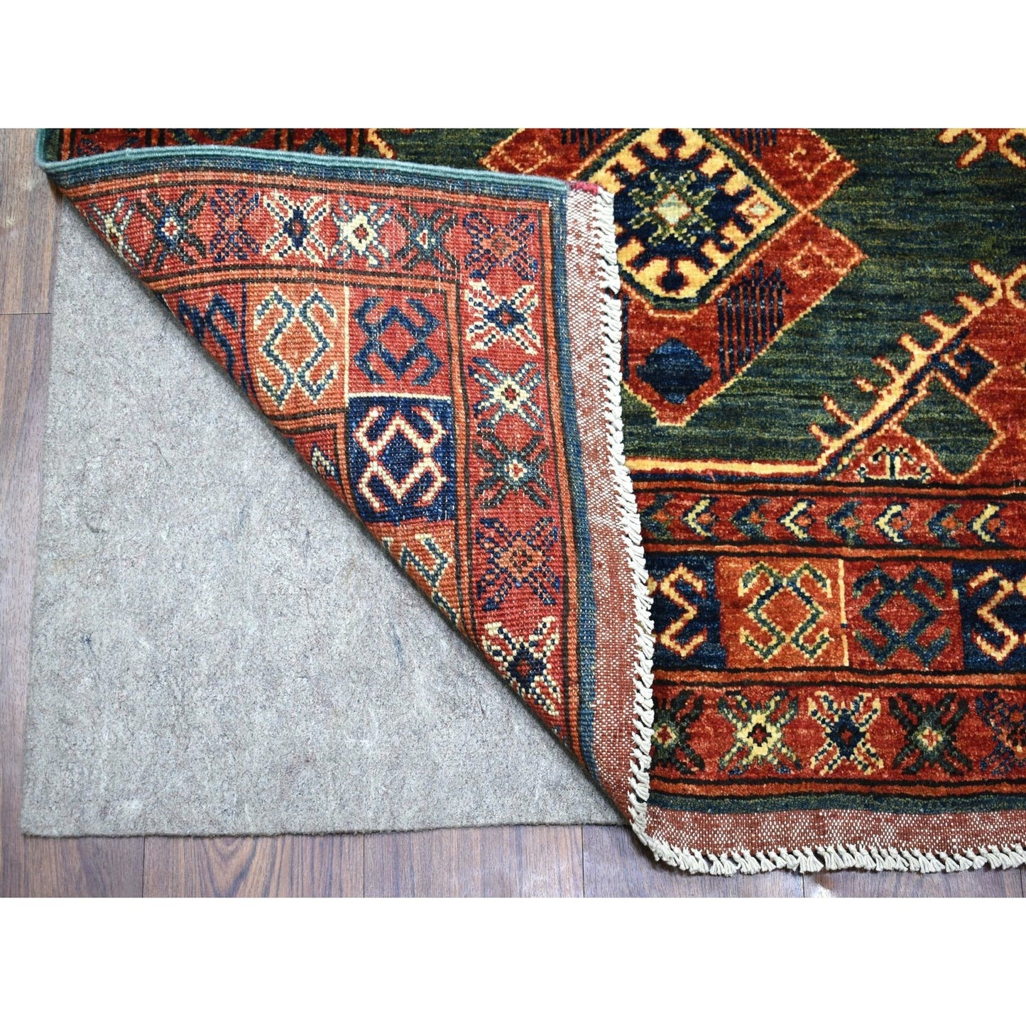 4'10"X12'9" Teal Afghan Ersari Geometric Design Hand Knotted Wool Rug