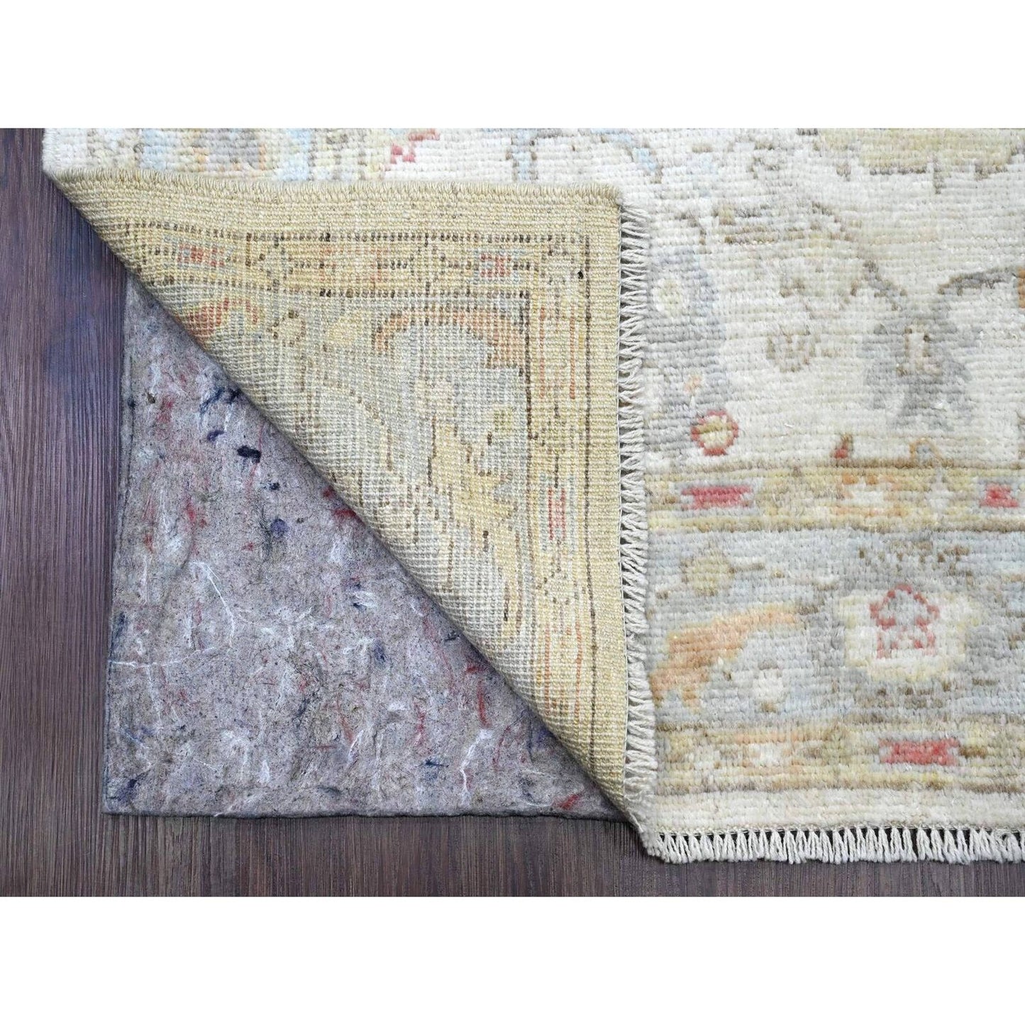 4'X15'10" White Angora Oushak Leaf Design Hand Knotted Wool Runner Rug